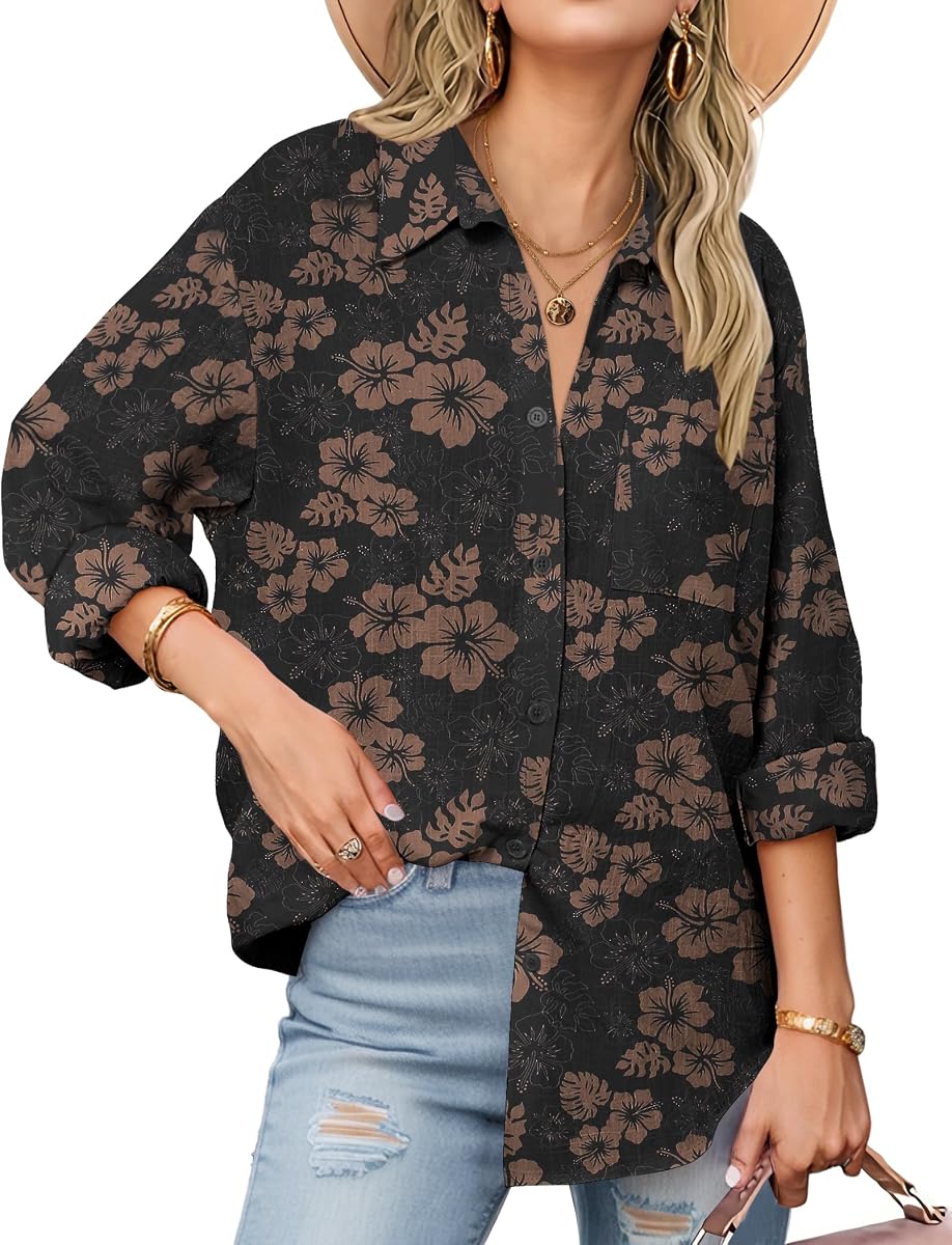 Zeagoo Camisas de botones para mujer Manga larga Casual Algodón Gasa Tops