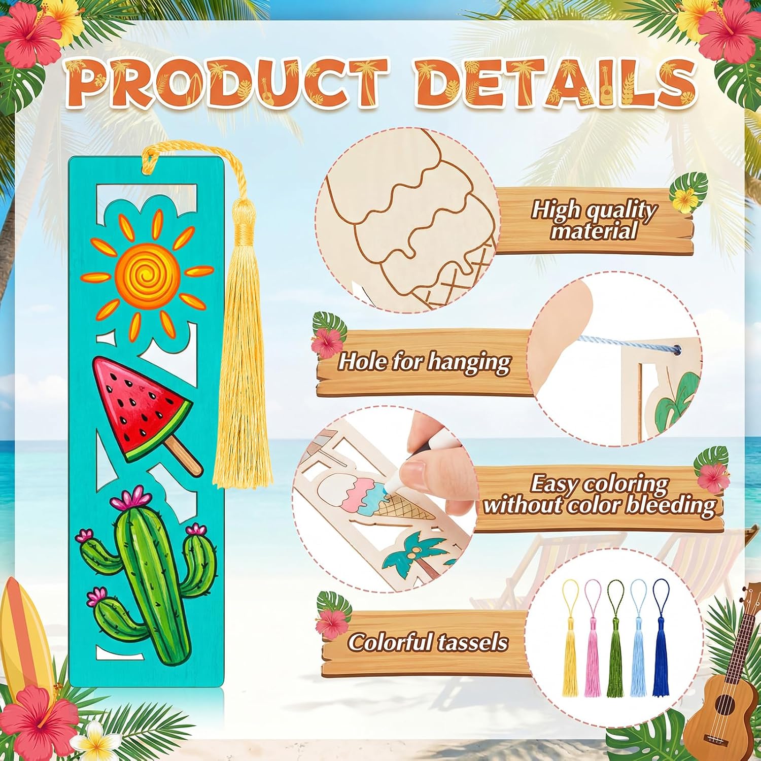 Yexiya 200 Pcs Hawaiian Color Your Own Bookmarks Kit, Summer DIY Coloring Blank Wooden Bookmarks, 100 Set Unfinished Bulk with Tassel Guitar Leaf Craft for Classroom Activities Birthday Party Gift