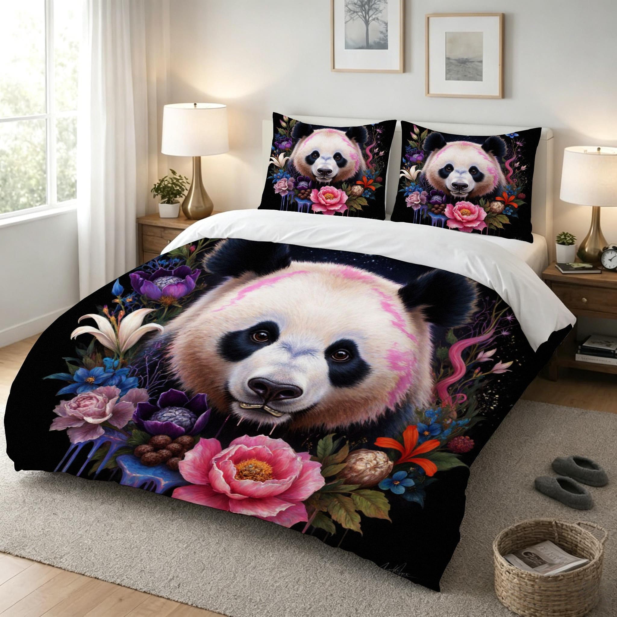 Funda Nordica Cama 150-220x240 Flores Animales Oso Panda, Juego de Ropa de Cama de Microfibra para Adultos, Funda de Edredón Cama 220x240 con Cremallera y 2 Funda de Almohada 50x75 cm_A19259