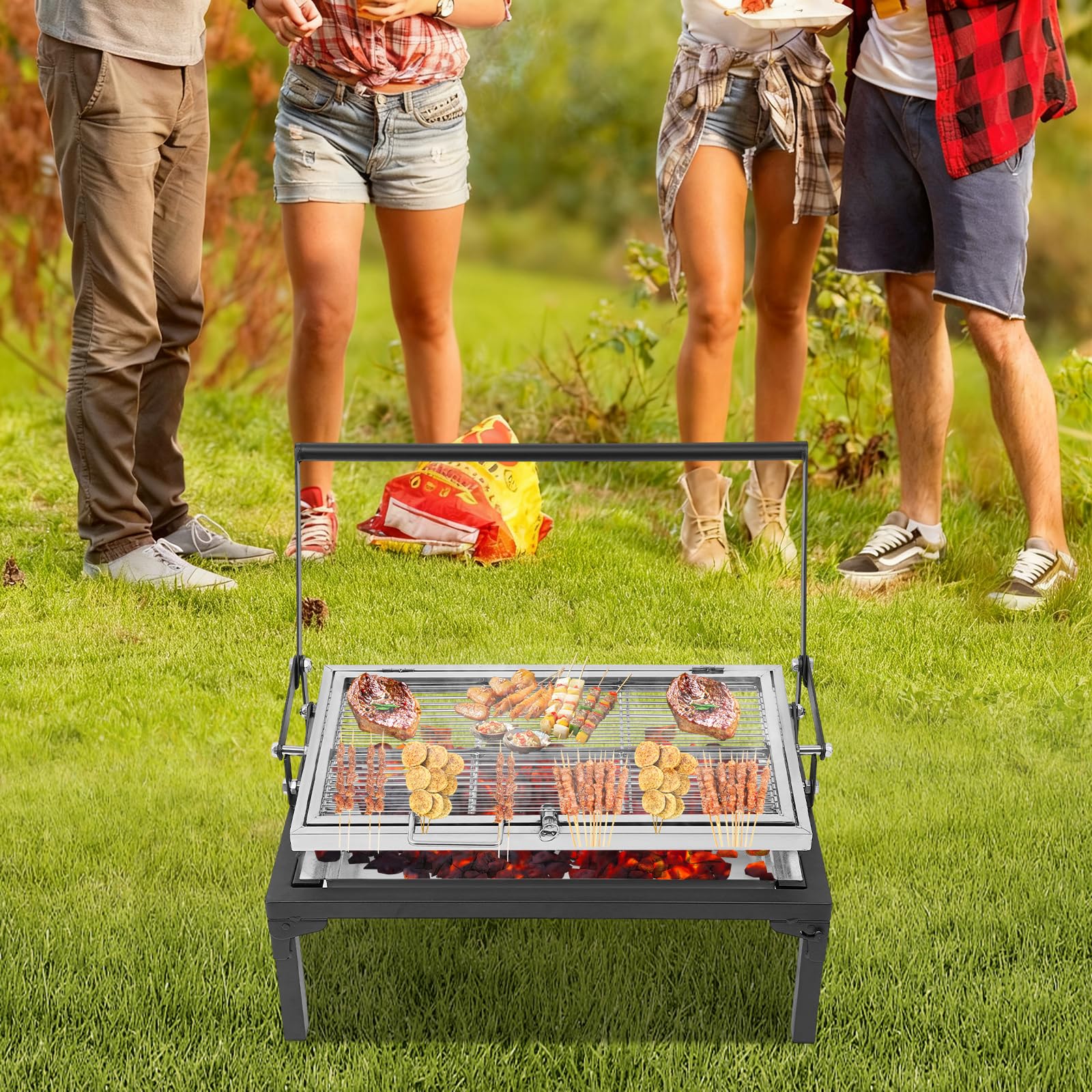 Barbecue a carbonella, pieghevole da campeggio, a carbonella, con spazzola e griglia a carbone, tipo di carburante, per cucinare all'aperto, barbecue (68 x 38 x 35 cm)