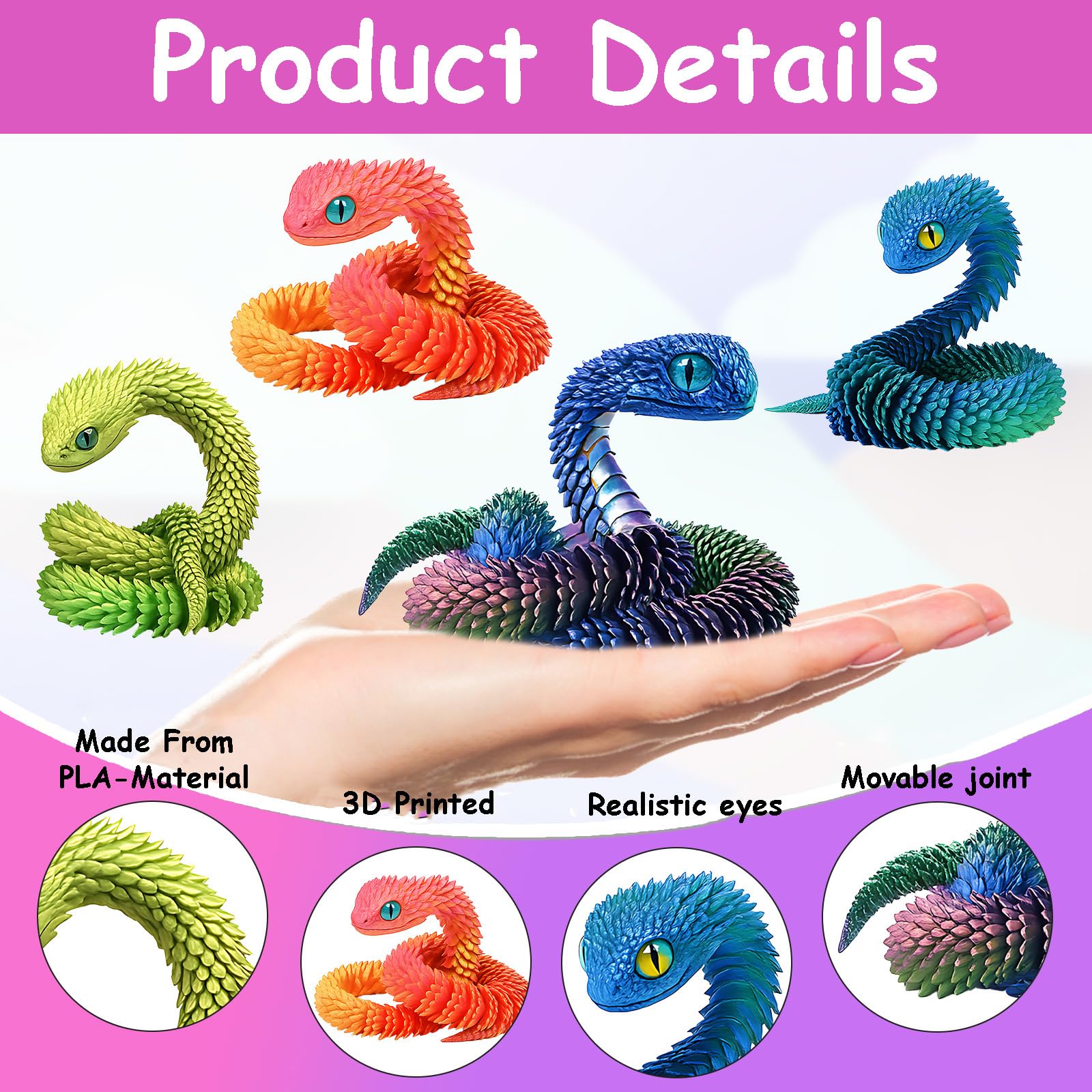 4 PCS 3D Printed Snakes, 30cm Flexible Articulated 3D Snake Models, Ideal for Home Decor Gifts and Educational Use - Image 3