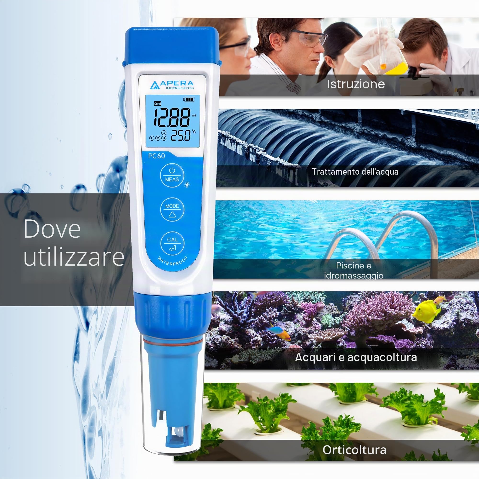 Apera Instruments PC60 Premium 5-in-1 multiparametro (valore pH, conducibilità/EC, TDS, salinità, temperatura, precisione pH 0,01/1%, elettrodo sostituibile, impermeabile)