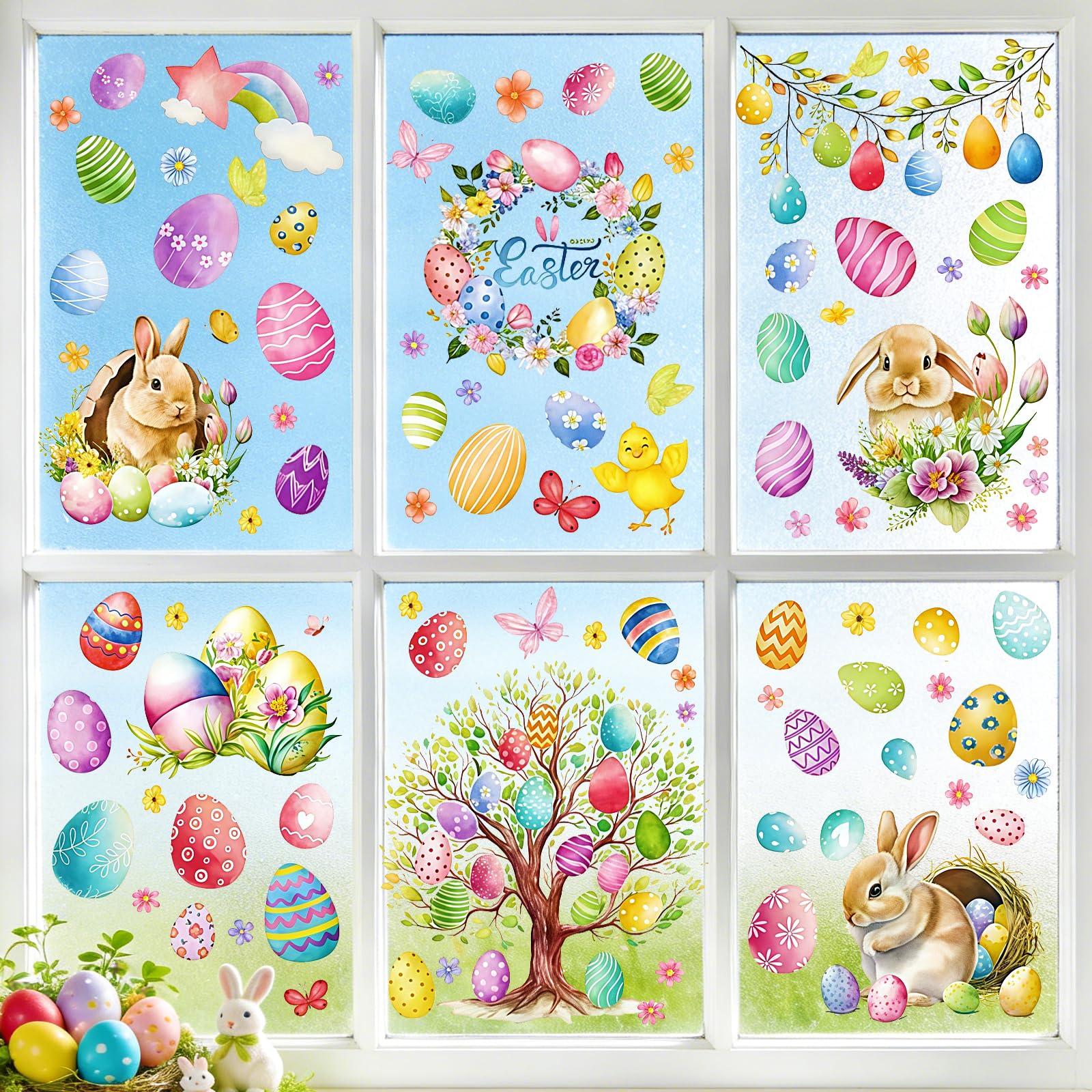 LERKNVOE Fensterbilder Ostern,9 Blätter Oster Fensterbilder Selbstklebend Fensterbild Wiederverwendbar mit Hasen Ostereier,Ostern Fenstersticker Kinder für Kinderzimmer Fenster Osterdeko