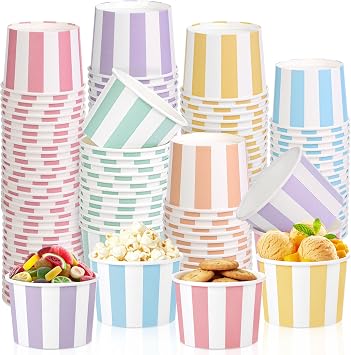 Aodaer 120 Pack 8 Ounces Paper Cups Disposable Stripe Dessert Bowls Ice Cream Containers Soup Snack Dessert Yogurt Sundae Bowls for Cold & Hot Foods, Birthday Summer Party Supplies, 6 Colors