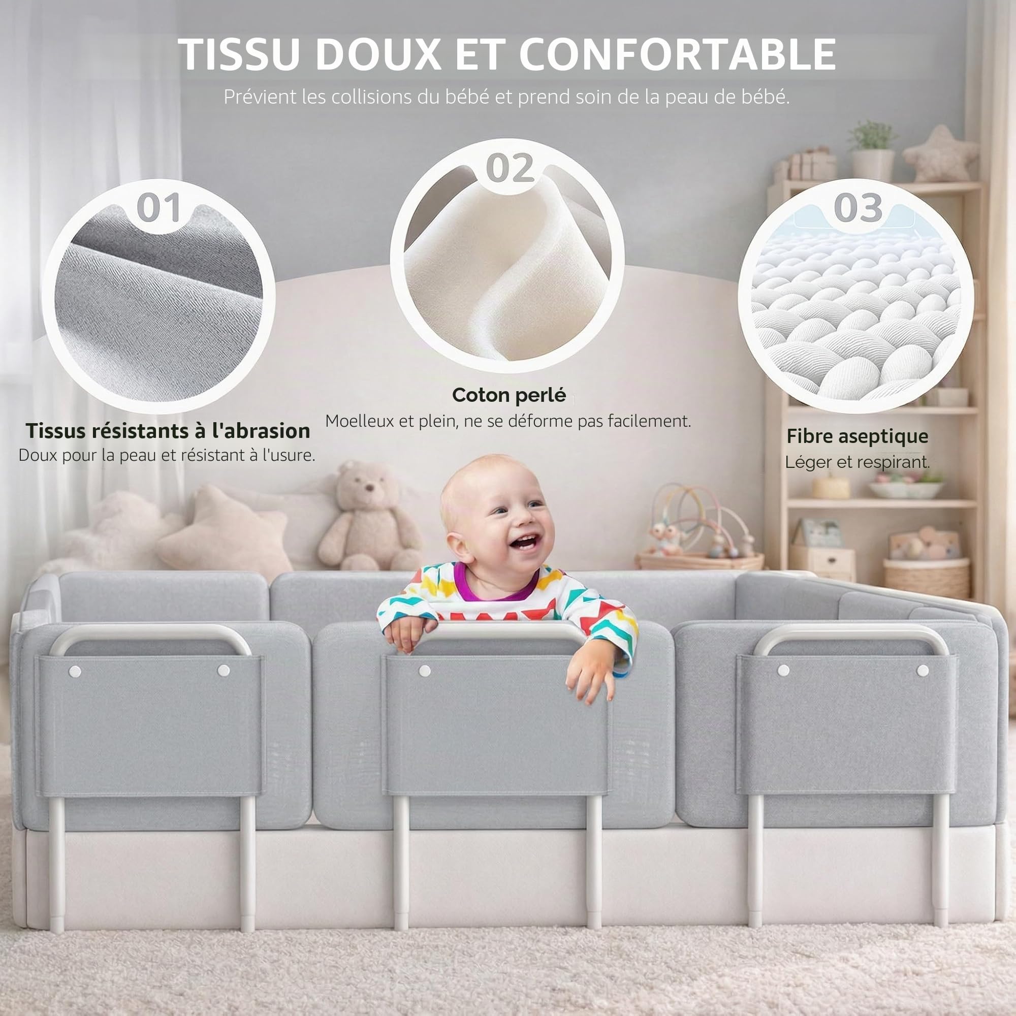 Barrière de Lit Bébé Rembourrée 60 Cm, Protection Anti-Chute pour Enfant, Barrière de Sécurité Douce en Tissu, Garde-Corps de Lit Stable et Confortable pour Bébé et Tout-Petits, Gris