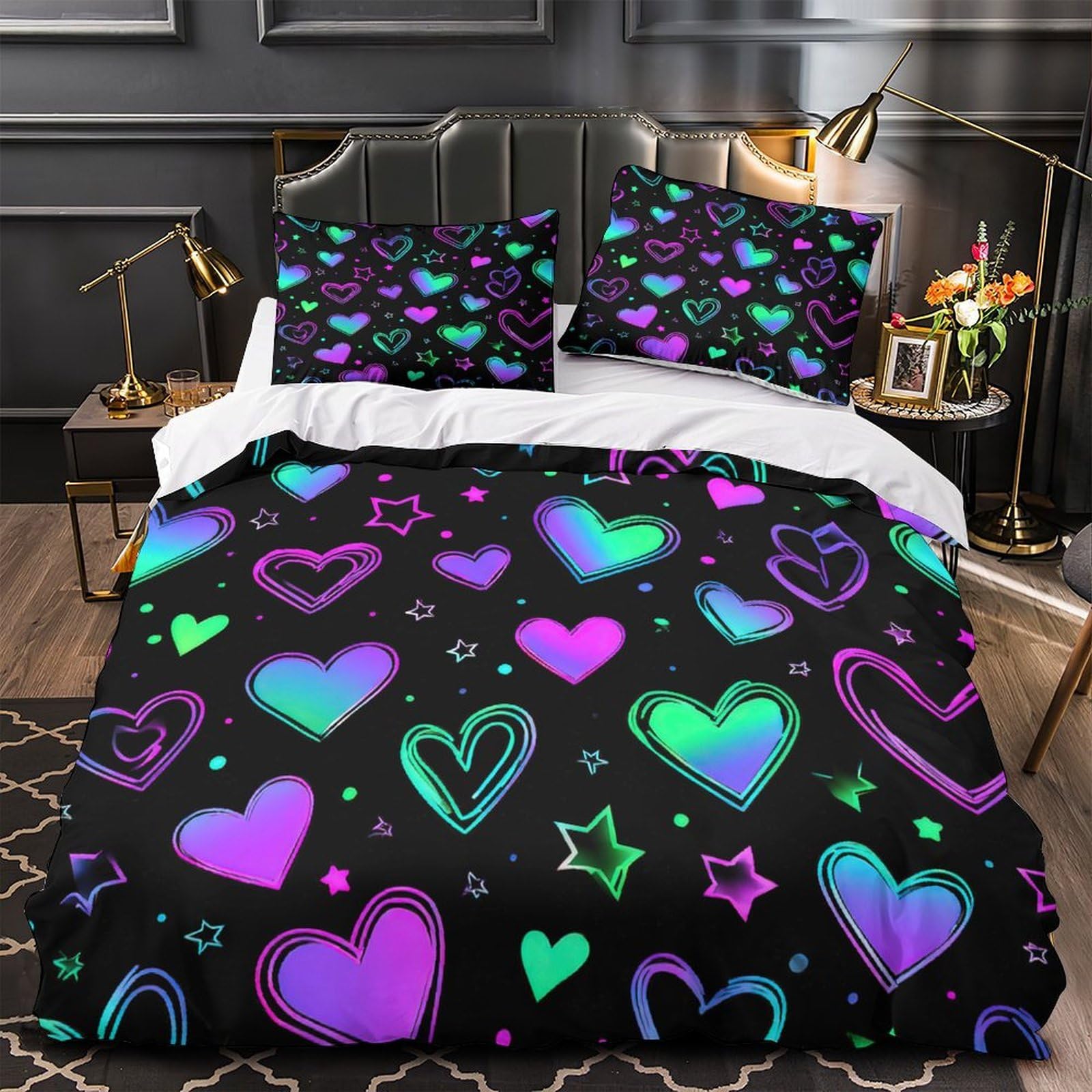 Cœurs néon parure de lit hypoallergénique pour ado finie la couette qui glisse avec le zip
