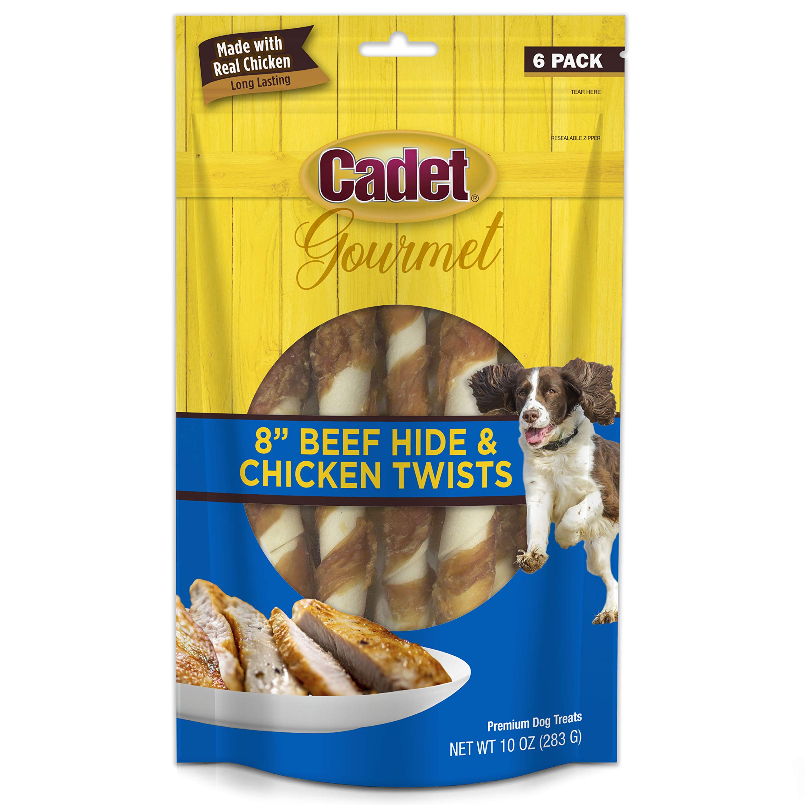 Cadet Gourmet 8-Inch Beef Hide Twist Chew Sticks, Long-Lasting and Natural Rawhide Chews for Dogs, Inspected & Tested in USA, Chicken Flavor, 6 Count
