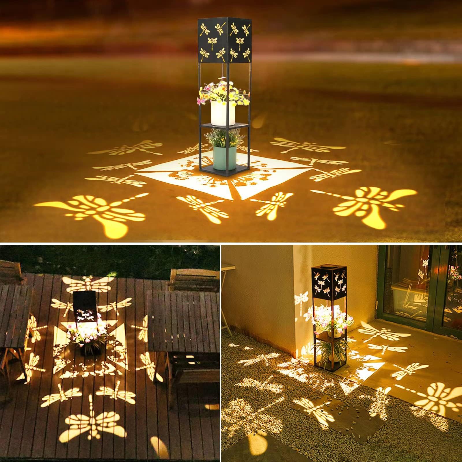 Lampada Solare Da Esterno Alta 80,7 Cm Con Fioriera 2 Piani - Farfalla In Metallo Vintage, Luci LED IP65 Per Giardino, Terrazzo E Vialetto, Ricarica USB-C