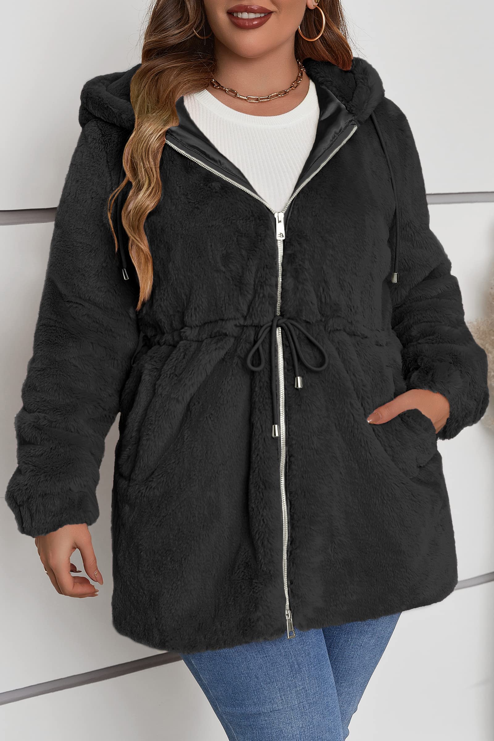 Geschallino Abrigo de Piel Sintética para Mujer Talla Grande Invierno Largo de Sherpa Esponjoso Capucha Chaqueta Polar