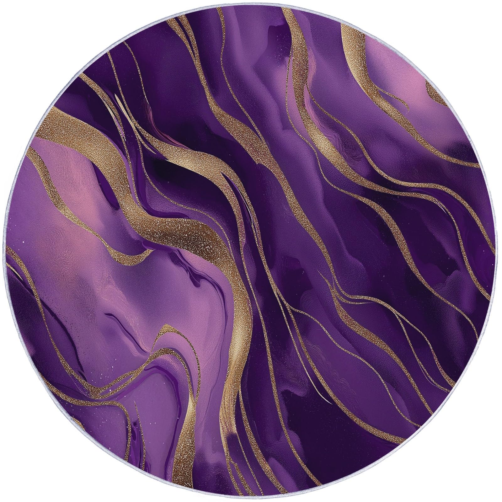 Round Area Rug 120 cm Washable Bathroom Non-Slip Large Circle Rugs for Bedroom, Abstract Golden Lines Marble Print Short Pile Soft Carpet for Entryway Sofa Living Room Kids Room Decor, Purple — image 1