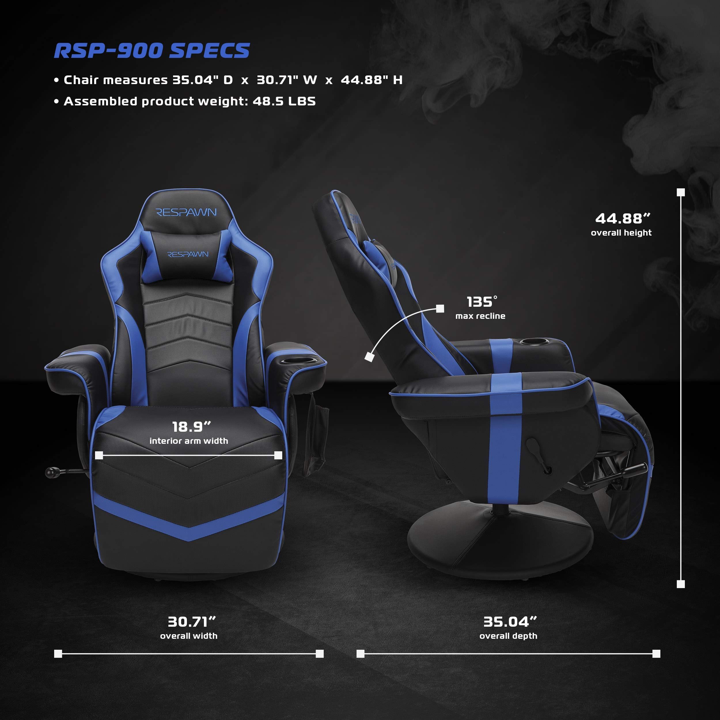 RESPAWN 900 Console Gaming Recliner with Footrest and Lumbar Support - Comfortable Ergonomic Gaming Chair with Headrest, No Wheels, Reclining, Heavy Duty, Racing Style Video Game Chairs - Gray Fabric: Blue