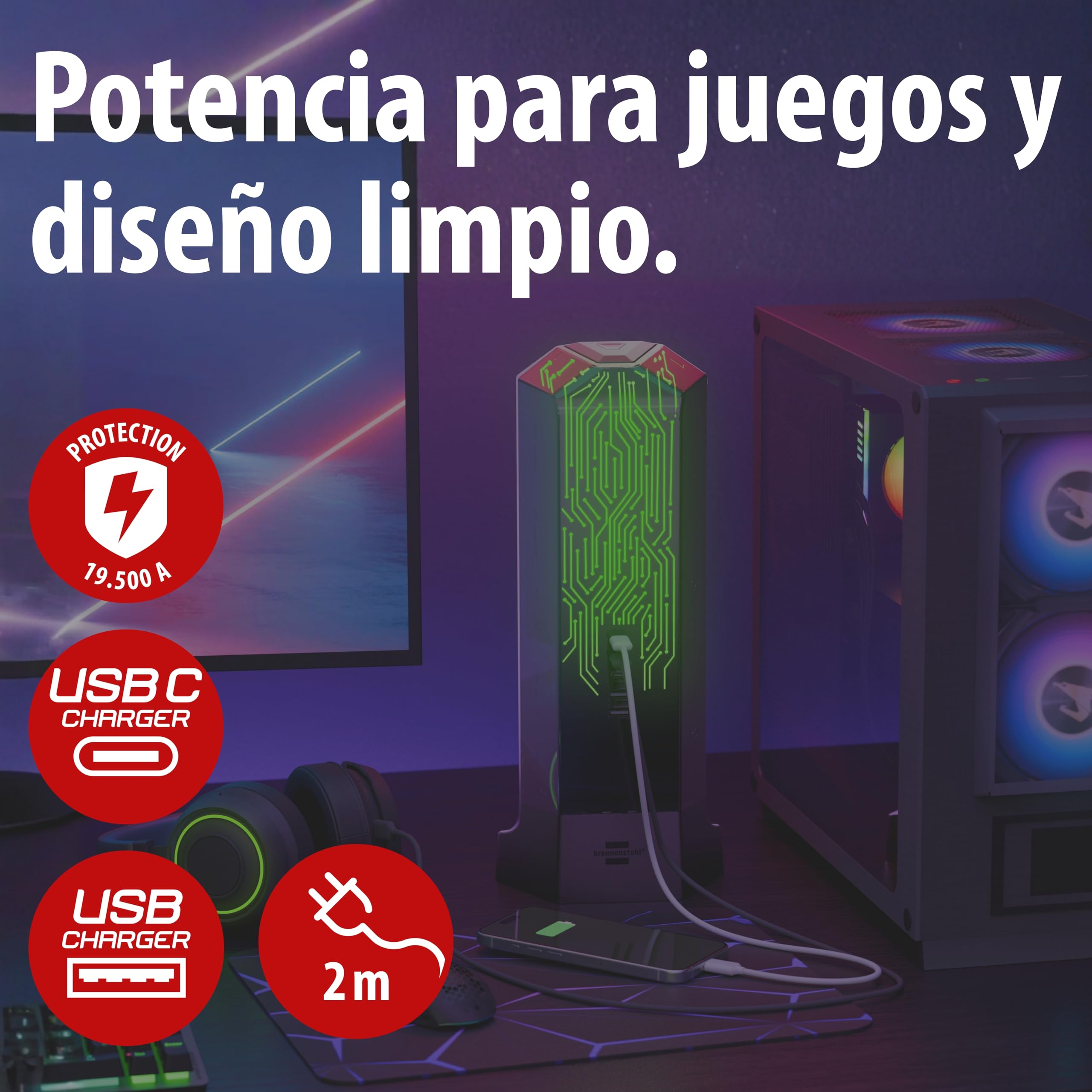 Brennenstuhl Gaming Torre Enchufes Vertical de 9 vías con USB y Control de luz RGB (con protección contra sobretensión, Cable de 2 m, 3X USB C con máx. 45W PD, 2X USB A e Interruptor)