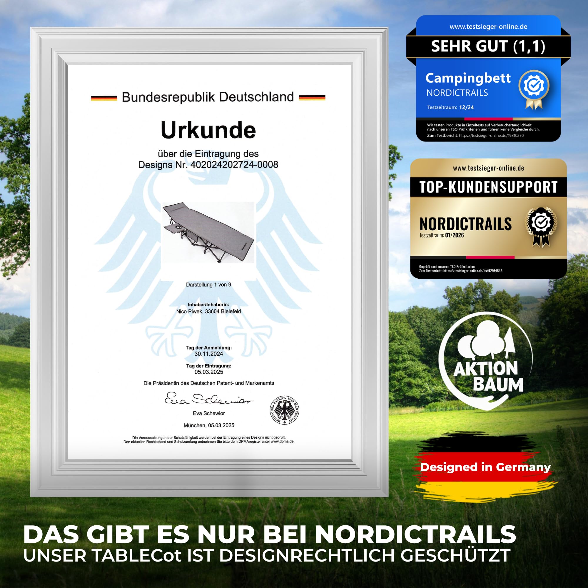 𝐍𝐎𝐑𝐃𝐈𝐂𝐓𝐑𝐀𝐈𝐋𝐒 Feldbett klappbar [Campingbett] XXL Campingliege | Faltbar, leicht & breit für Outdoor | Gästebett klappbar, Liege, Klappbett, Angelliege, Camping Karpfenliege | Mit Auflage