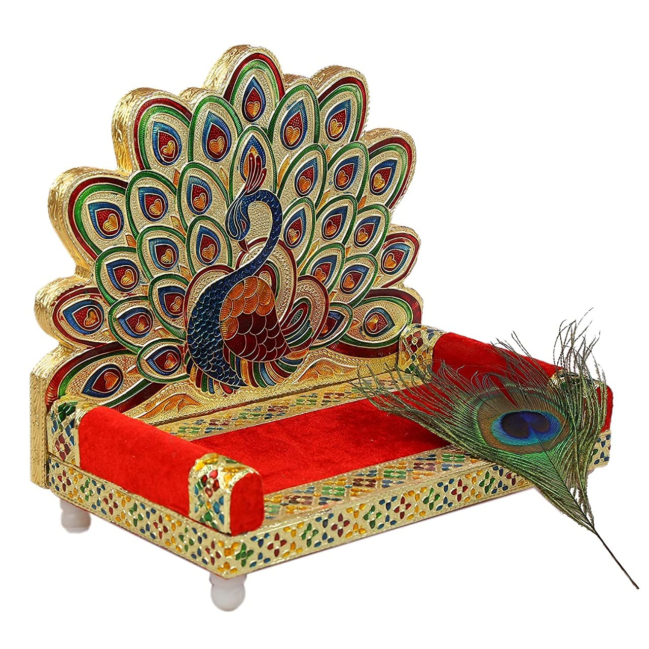 SIXFIRE Handicraft Wooden Fantasy Laddu Gopal Meenakari Singhasan For Pooja Mandir,Peacock Swing Jhula(Golden,22.5 X 15.5 X 20.5 Cm)-1-Pis