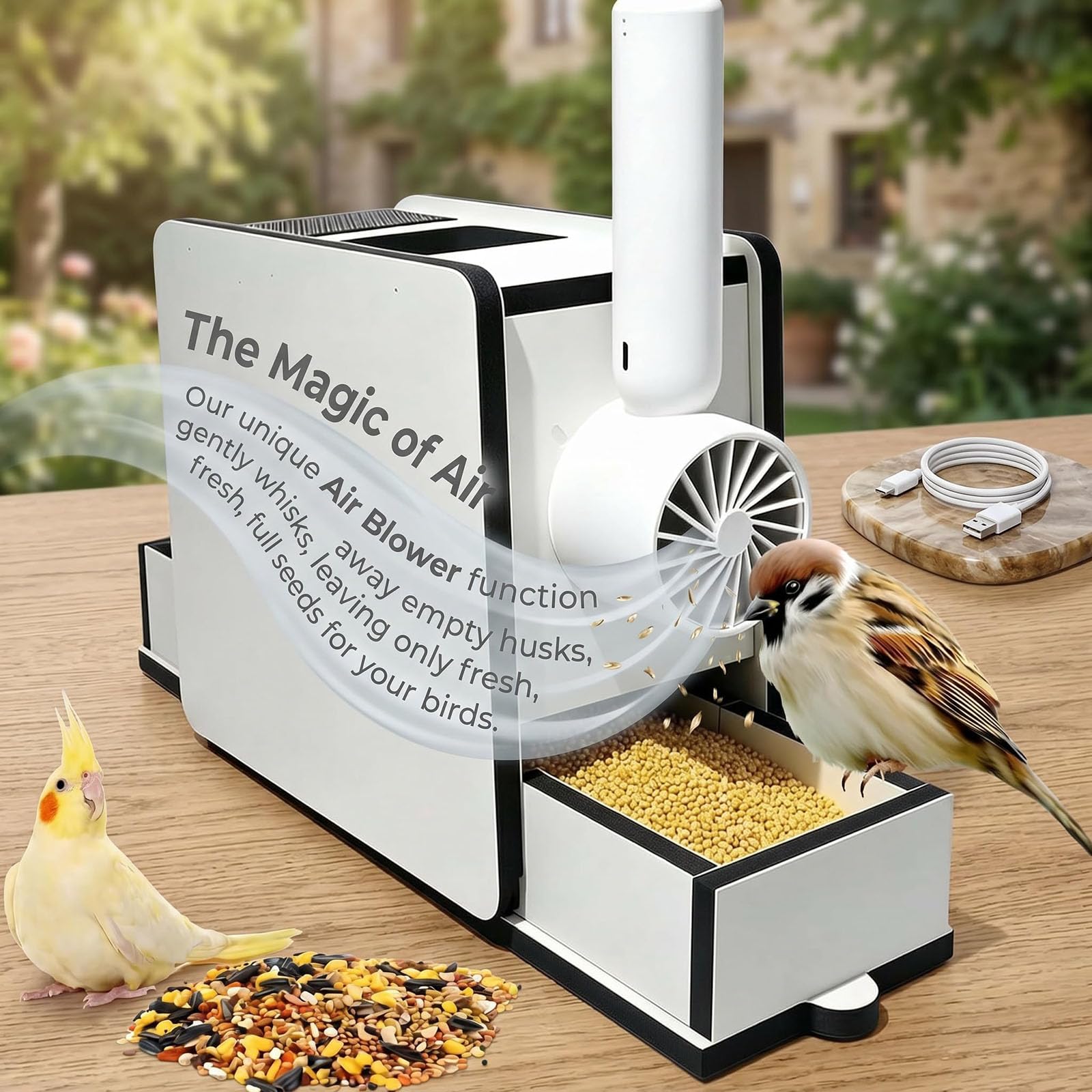 Séparateur de Coquilles de Graines pour Oiseaux Rechargeable, Machine d'Élimination Rapide de Coques de Graines Réglable, Accessoire Durable pour l'Alimentation des Perroquets