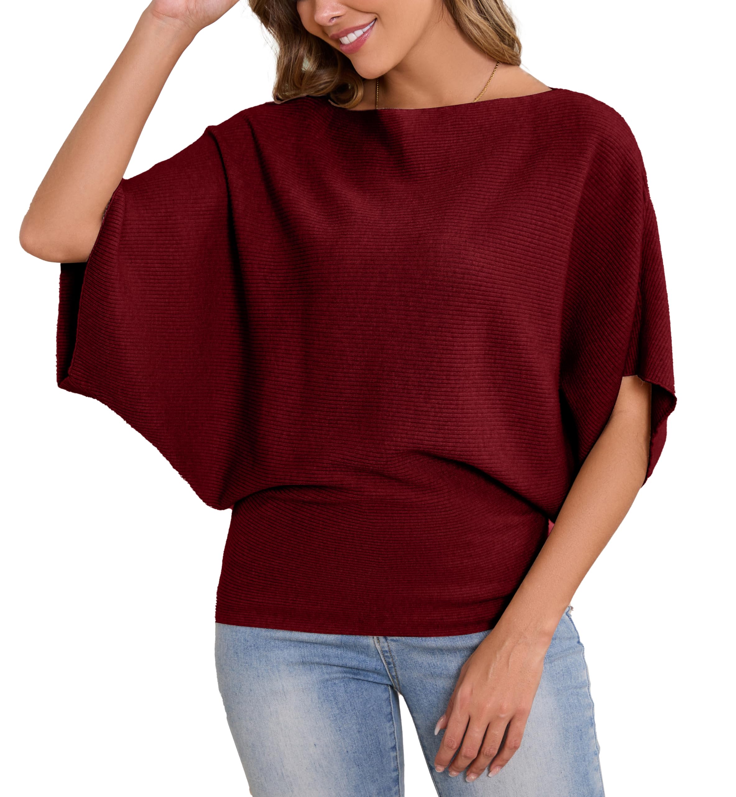 MAKARTHY Womens Batwing Sleeves Knitted Dolman Pullovers Boat Neck Tops Sweatershirts