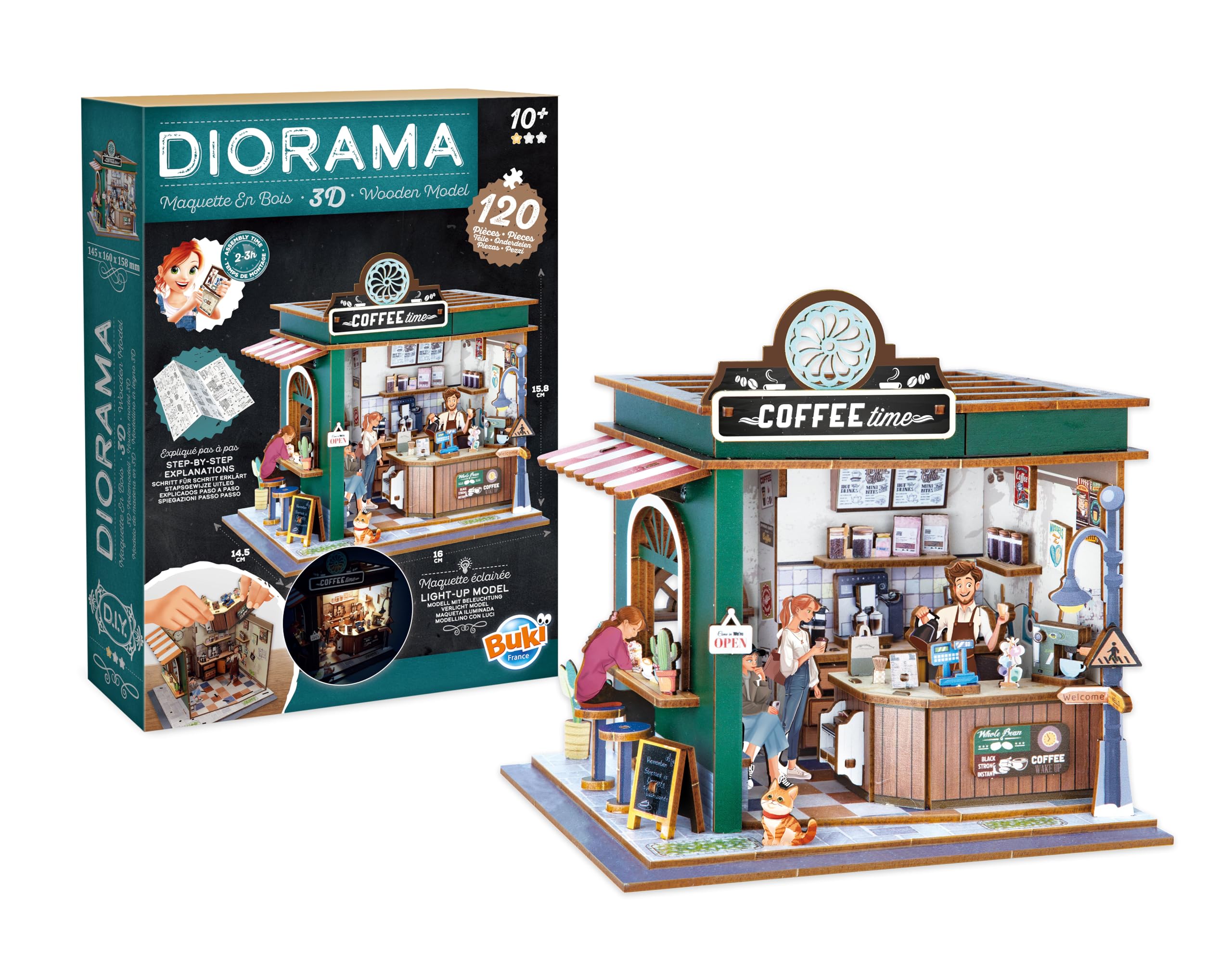BUKI France 68072 Miniature Wooden Coffee Model with LED – Diorama DIY 120 Pieces – Building Kit for Bedroom Decoration – From 10 Years – 14.5 x 16 x 15.8 cm