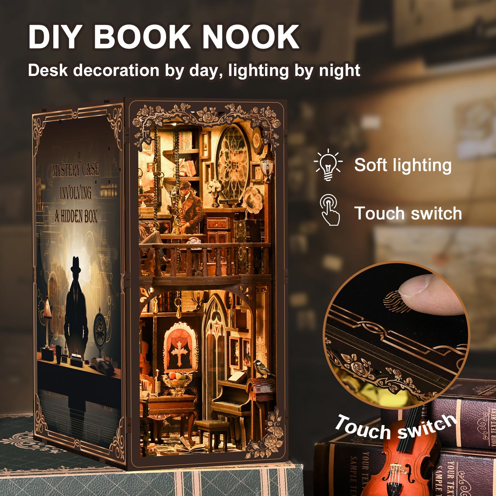 Book Nook Kit, oświetlenie LED, zestaw do montażu z muzyką, zestaw "zrób to sam" dla dorosłych, zestaw do majsterkowania 3D, zestaw do majsterkowania dla dorosłych (zagadki detektywowe)