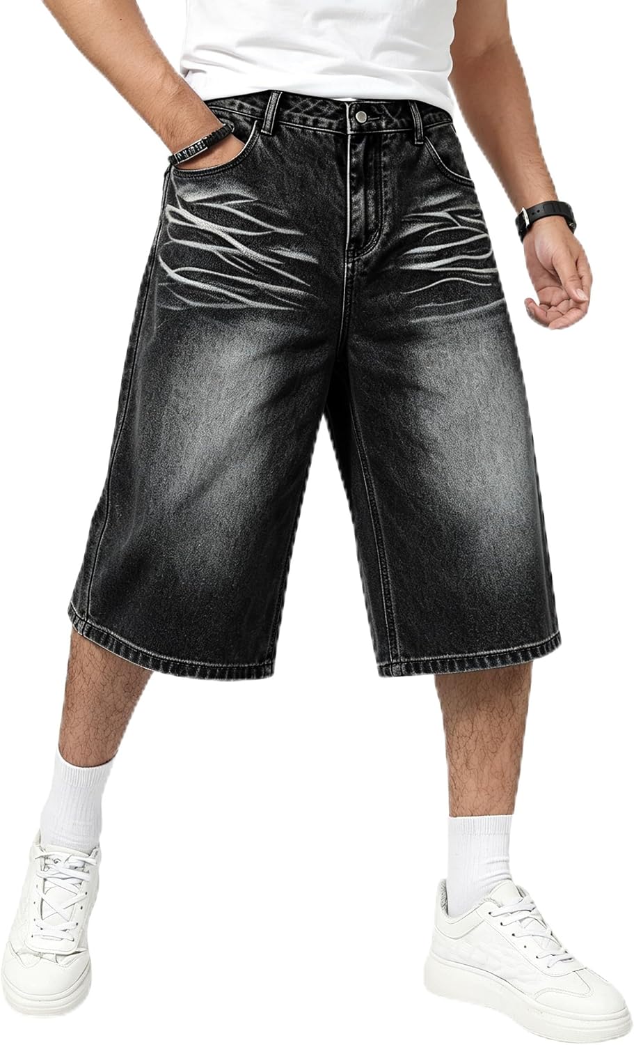 HENGAO Mens Baggy Jean Shorts Loose Fit Wide Leg Denim Shorts Casual Long Below Knee Jorts
