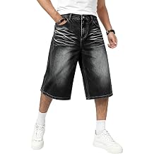 HENGAO Mens Baggy Jean Shorts Loose Fit Wide Leg Denim Shorts Casual Long Below Knee Jorts