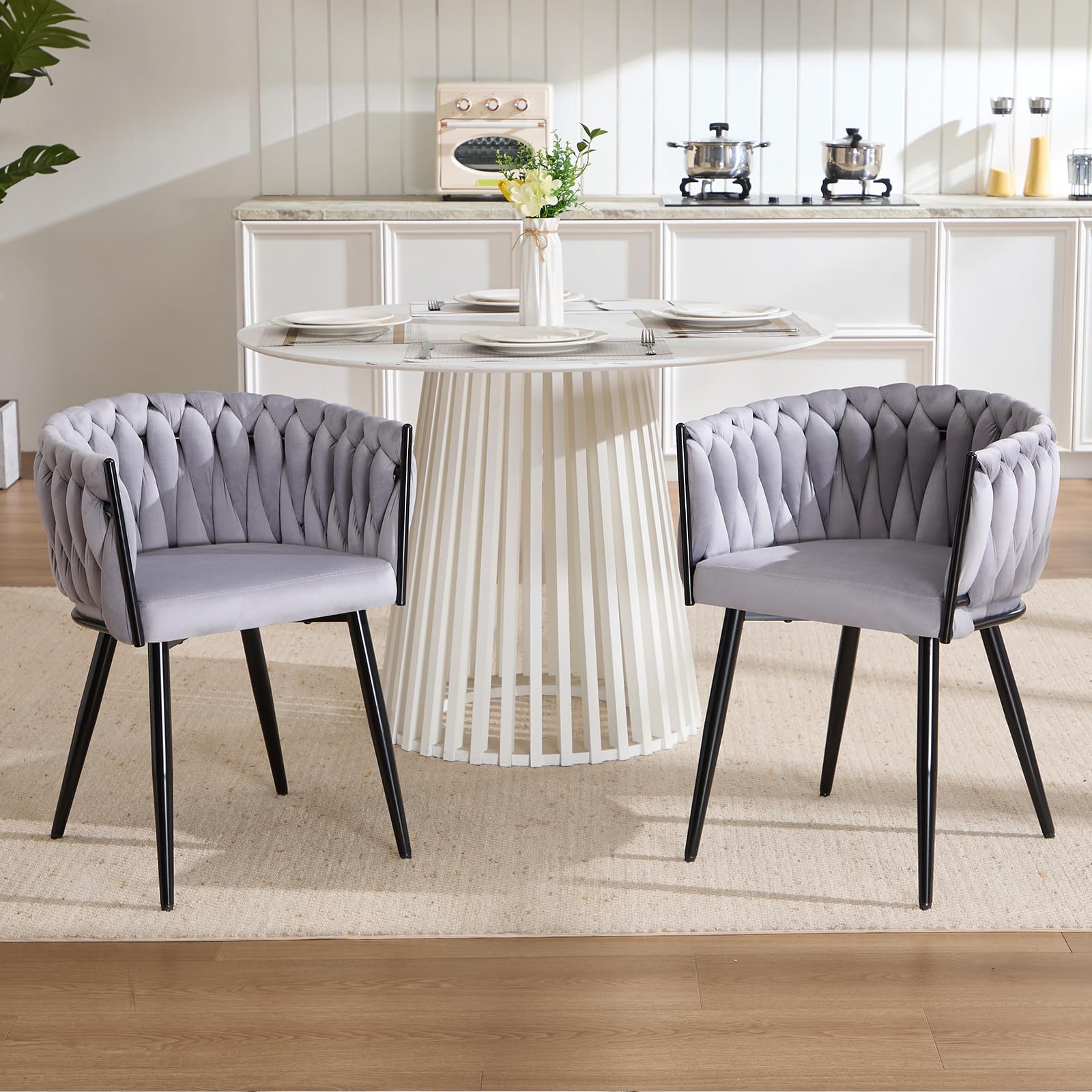 Set di 4 Sedie da Pranzo in Velluto con Schienale,Grigio Chiaro