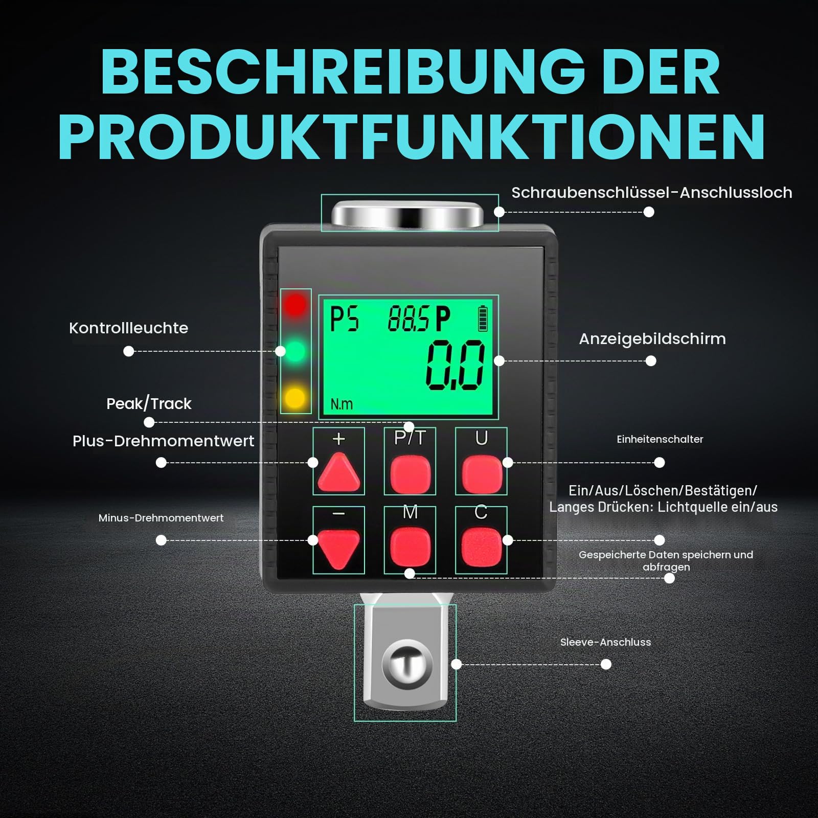 Digitaler Drehmomentadapter 1/2 Zoll, 3,4 – 340Nm Drehmoment Digital Adapter, Genauigkeit ± 1% mit Voreingestellter, Speicher, Summer, LCD Anzeige, 1/4" 3/8" Adapter für Auto, Motorrad, Fahrrad
