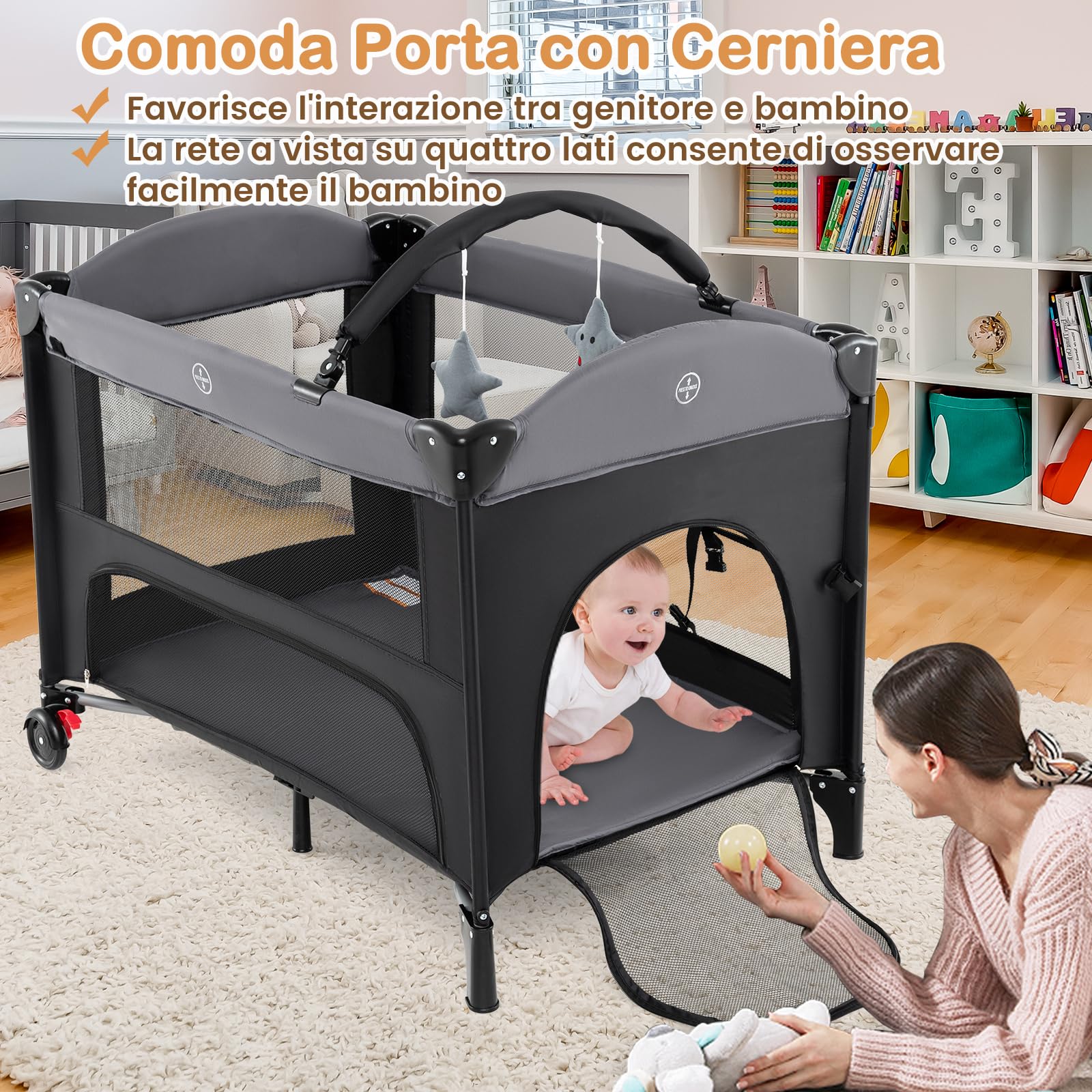 RELAX4LIFE 4 in 1 Lettino Neonato con Baldacchino Retrattile, Culla da Campeggio con Fasciatoio e Cintura di Fissaggio, Altezza Regolabile in 4 Livelli, Adatto a Bambini da 0 a 36 Mesi