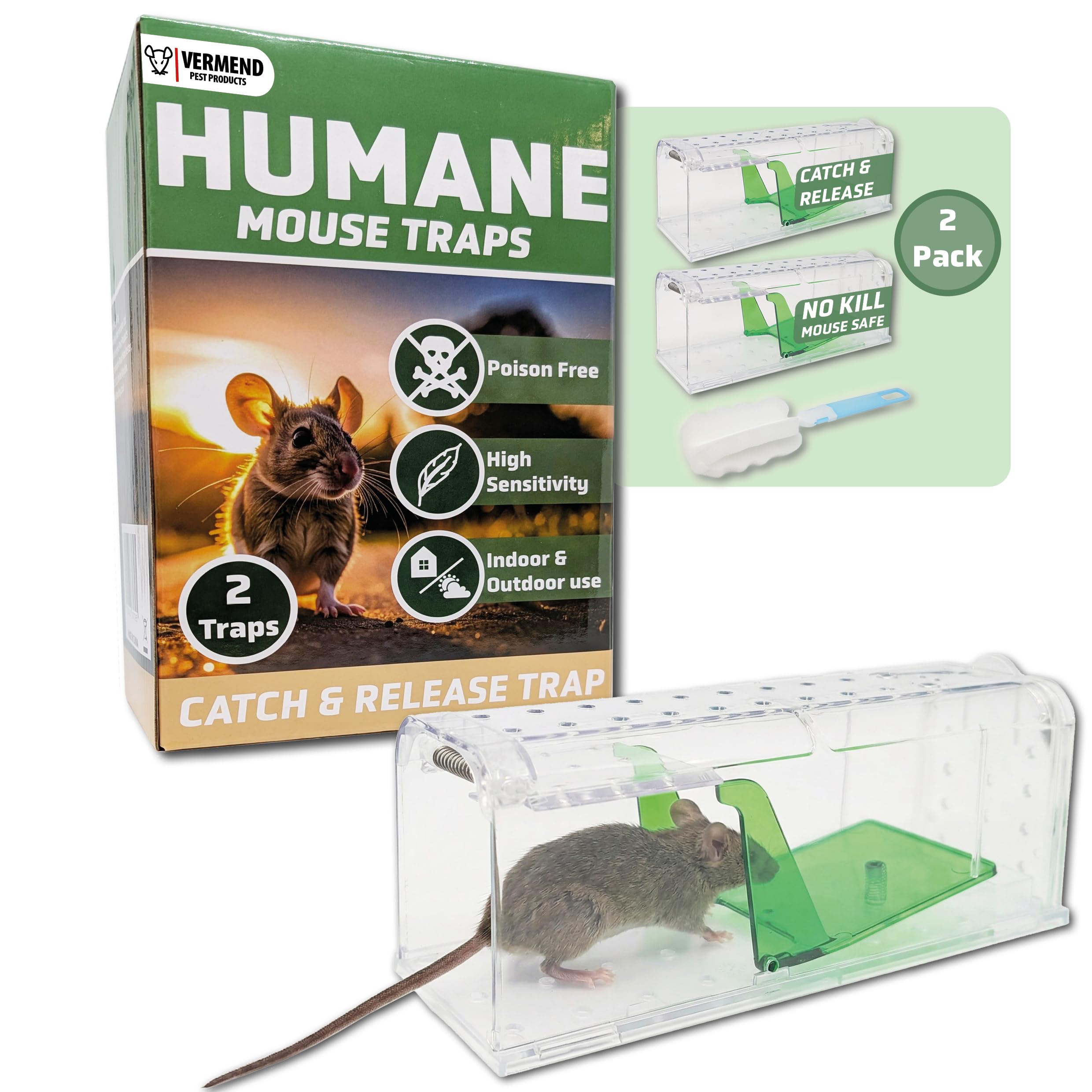 Vermend Humane Mouse Traps - No Poison, No Glue, No Harm | 2 Pack | Reusable Catch & Release Trap for Mice with Cleaning Brushes | Safe for Children, Dogs, and Cats | For the House & Garden