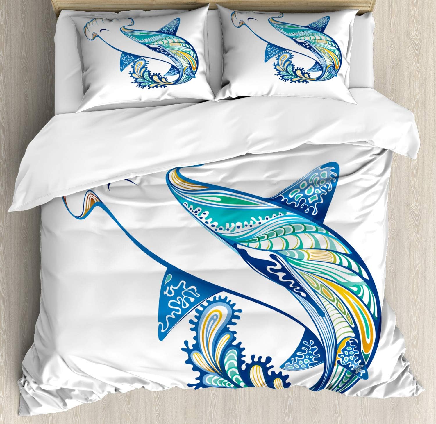 Ambesonne Abstract Duvet Cover Set, Hammer Head Shark Ornate Underwater Sea Oceanic Life Animals Marine Theme, Decorative 3 Piece Bedding Set with 2 Pillow Shams, Queen Size, Blue Aqua Queen Blue Aqua