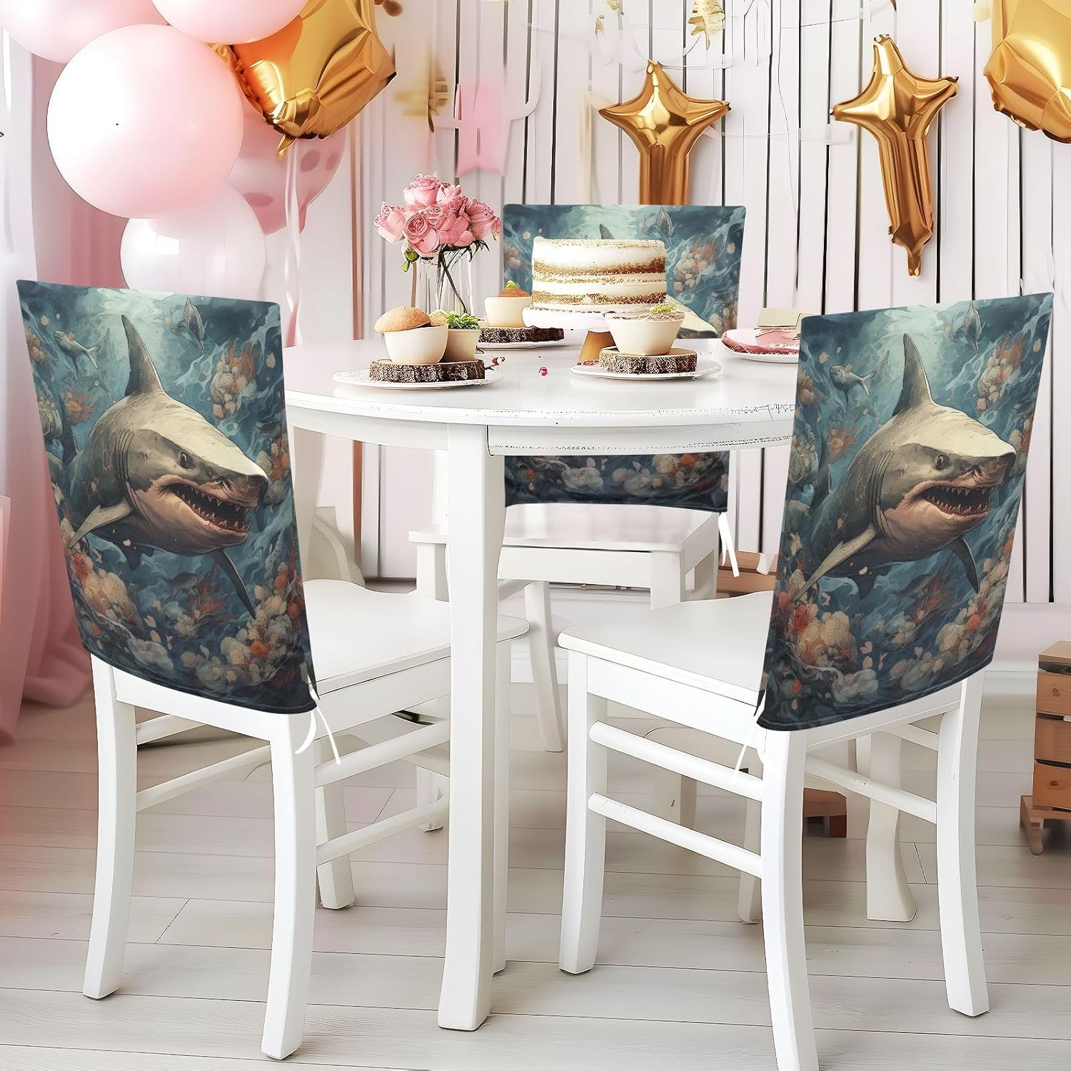 ALAZA Vintage Sharks Fishes Chair Back Cover Set of 6, Washable Reusable Removable Chair Slipcovers Decorative Chair Cover for Home Kitchen Wedding Party