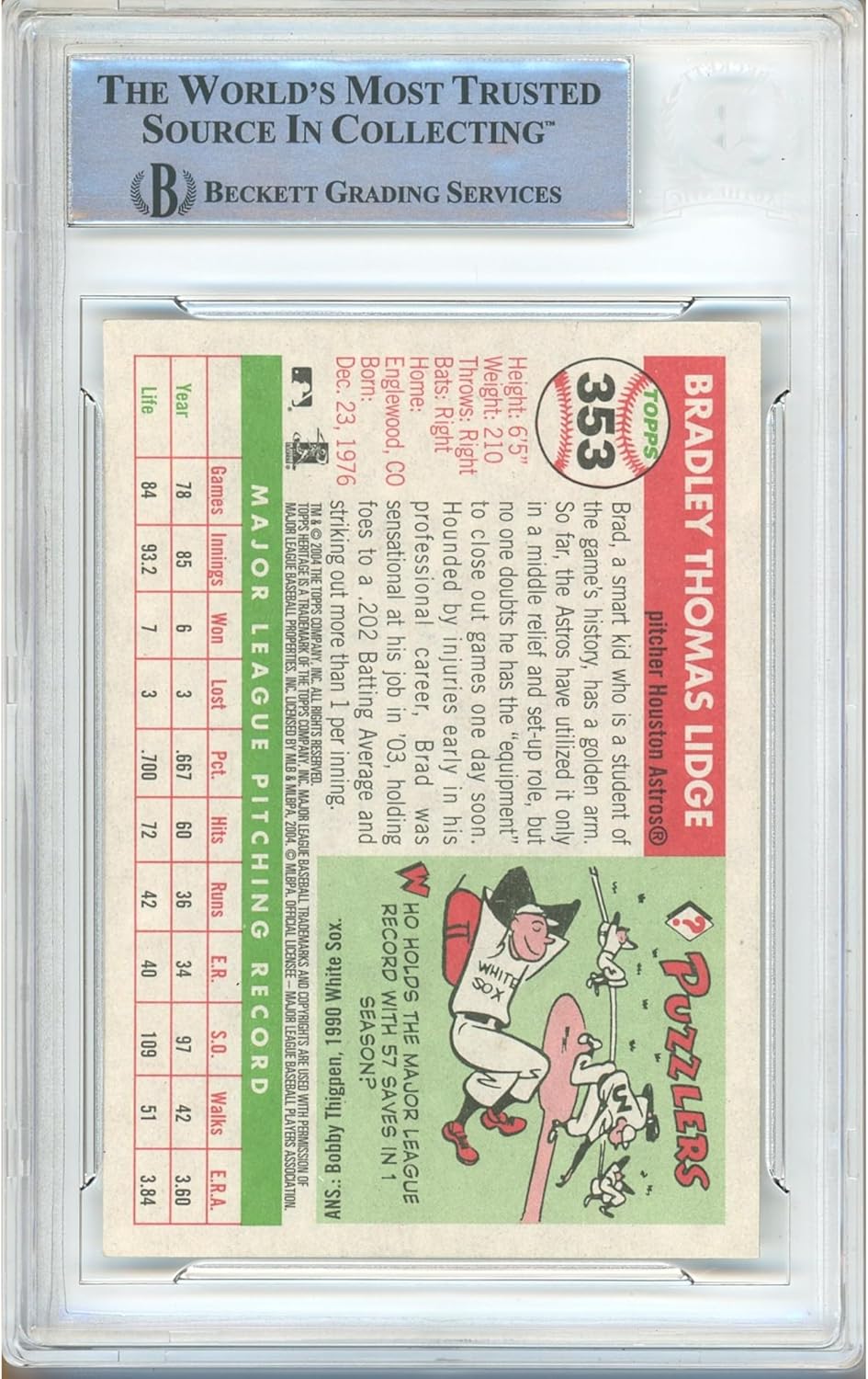 Brad Lidge Autograph 2004 Topps Heritage #353 Baseball Trading Card Slab Beckett BAS Authentic Slabbed COA Played For Houston Astros Memorabilia