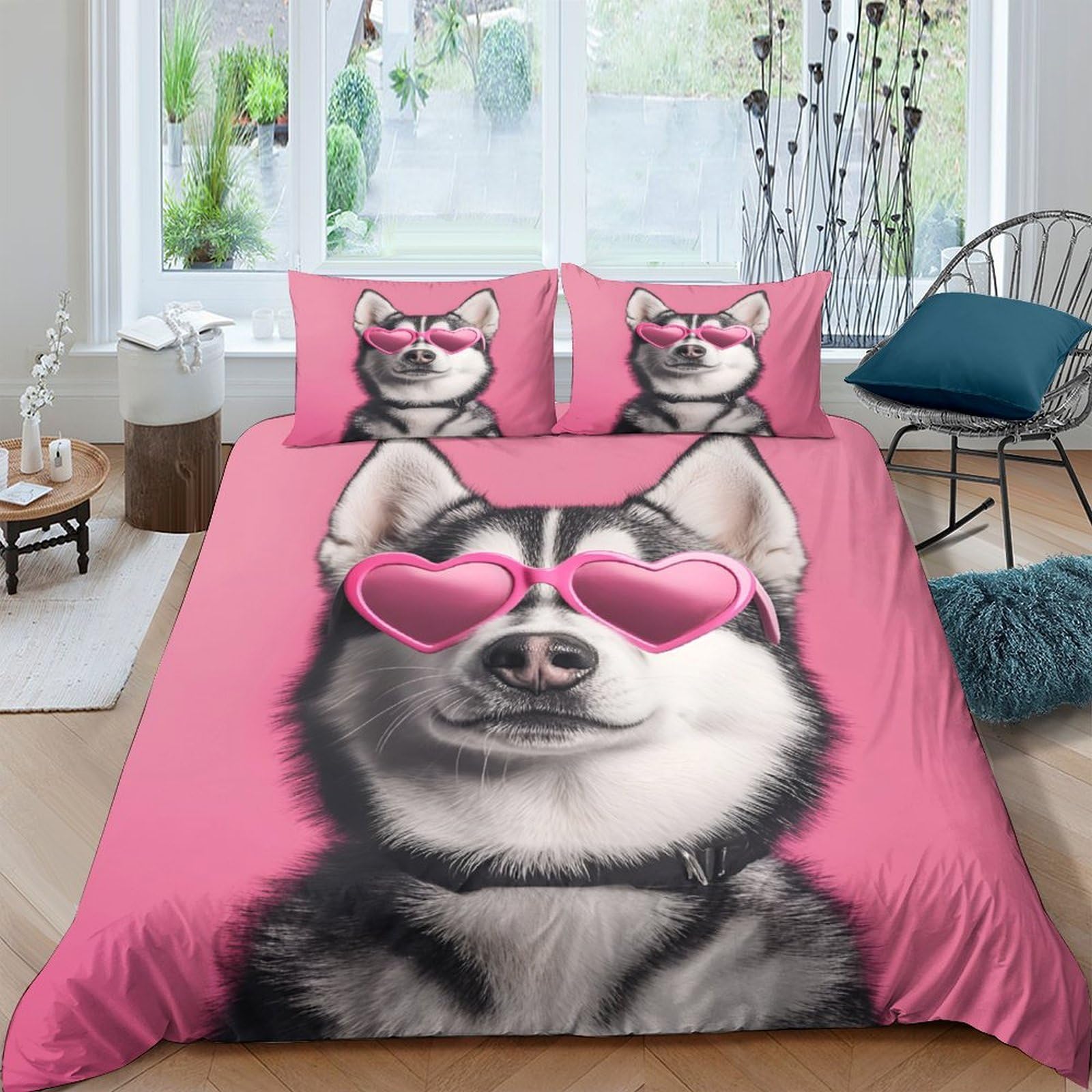 Ctjqhvkz Style-10 3D Printed Husky Dog Fitted Sheet Microfiber Pink Heart Glasses Mattress Cover For Bedroom Dorm Mattress Protection Decorative Single（135X200cm）