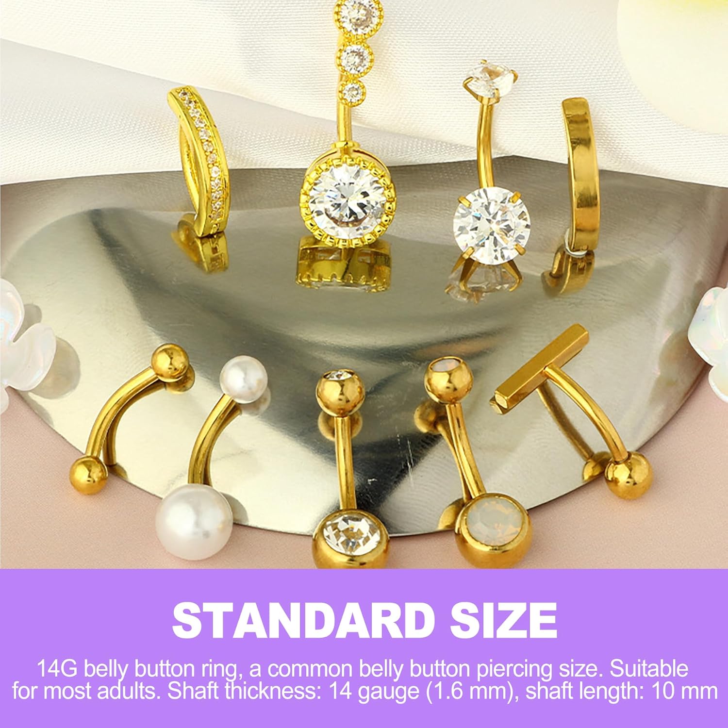 9 Pcs 14g Surgical Steel Belly Button Rings Navel Piercing Jewelry for Women Gold Silver CZ Opal Pearl Clicker Ring Set - Image 4