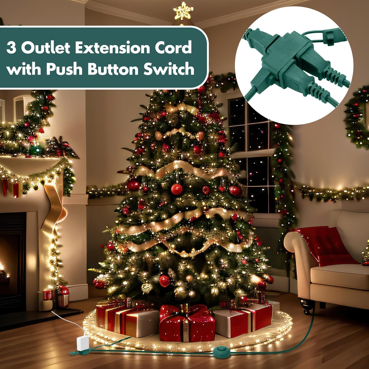 Xuhal 4 Pcs 9 ft Foot Switch Extension Cord 3 Outlet Extension Cord with Safety Lock for Appliances Plug Electric Christmas Tree Indoor Lamp Lighting Accessories, 16 Gauge, ETL Certification