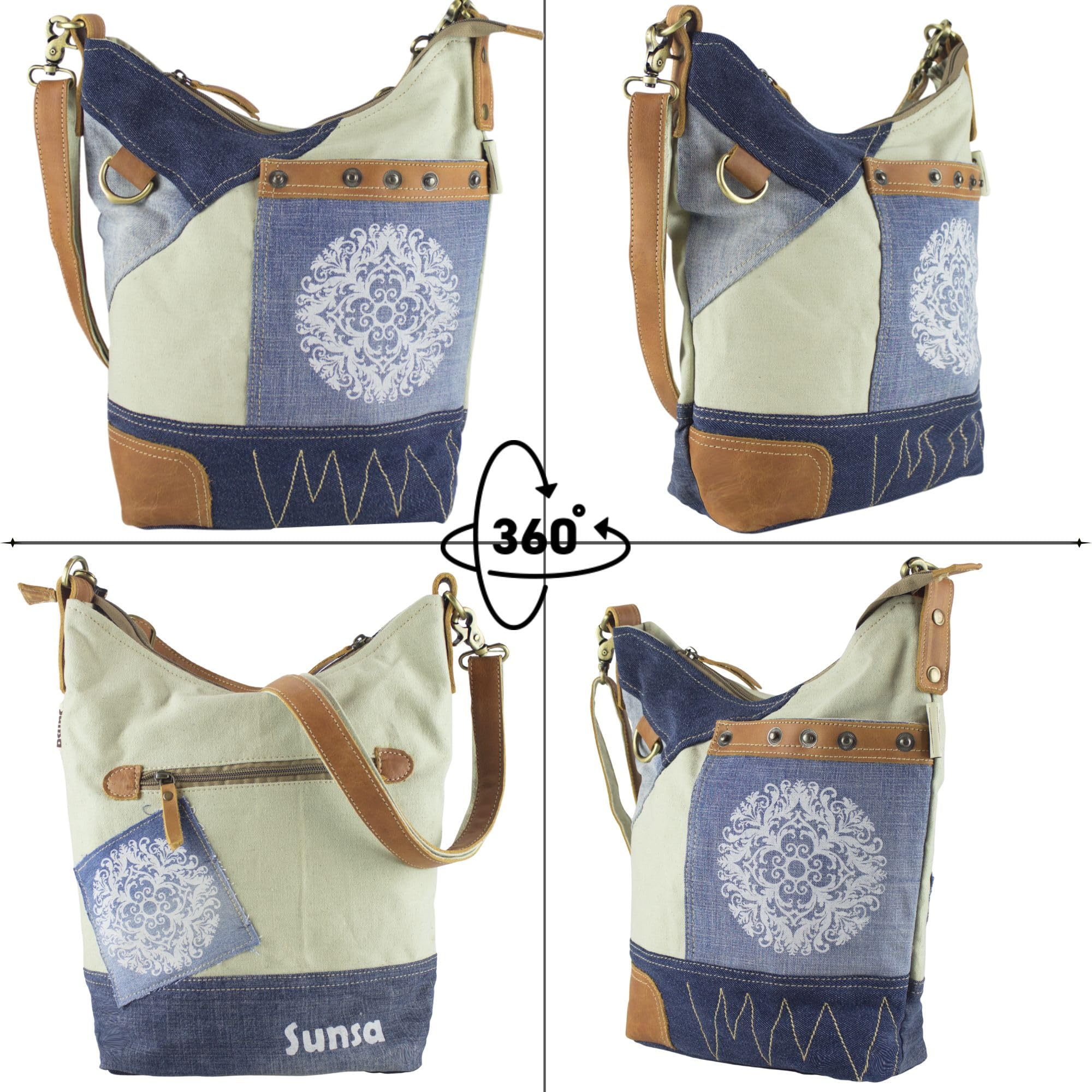 Sunsa Damen Hobo Bag. Nachhaltige Tasche aus Recyclete Jeans Canvas & Leder