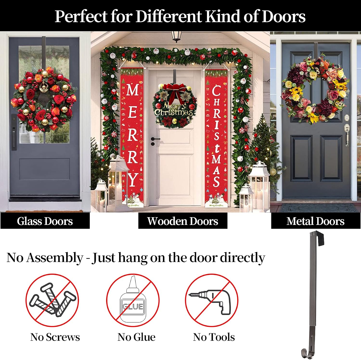 Wreath Door Hanger,Adjustable Fall Wreath Hanger for Front Door Decor from 15-24in,20lbs Metal Wreath Hanger Over the Door Hooks for Christmas,Easter Decorations,Welcome Sign for Front Door,1 Pcs