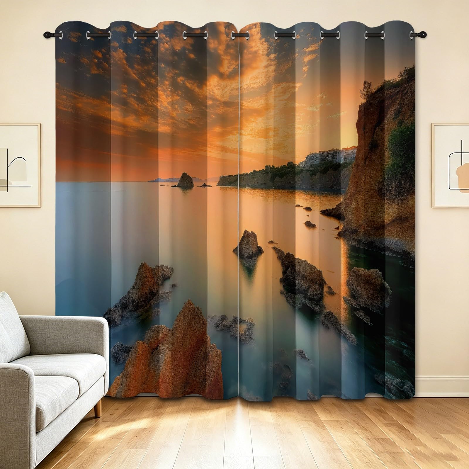 Zasłony zaciemniające Fotografia nad morzem, 140 l x 160 cm, ocean zachód słońca, dekoracja okienna salonu, sypialni, izolacja termiczna, 2 panele