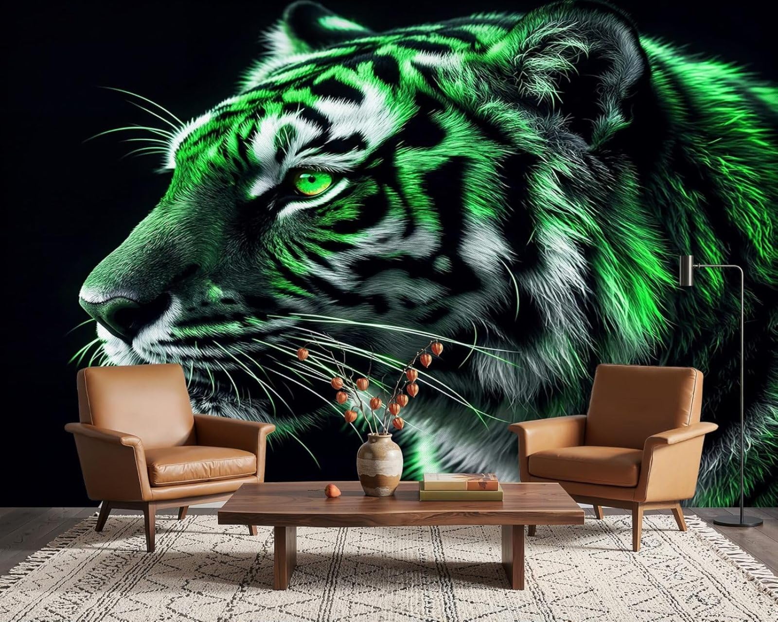 Hgjdjhnf 3D Mural 3D Tiger Photo Wallpaper For Teen Room, Neon Green And Black, Modern, Living Room, Bedroom, Children's Room, Wall Decor, Motif Wallpaper, 430Cm X 300Cm, Wall Sticker - Background Wall - Painting - Pos