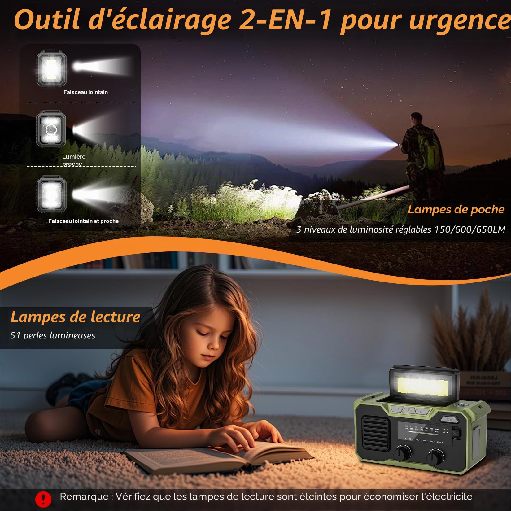 27000mAh Radio Survie FM/AM Solaire Bluetooth 5.3 Alarme SOS Boussole Lampe Dynamo Vert