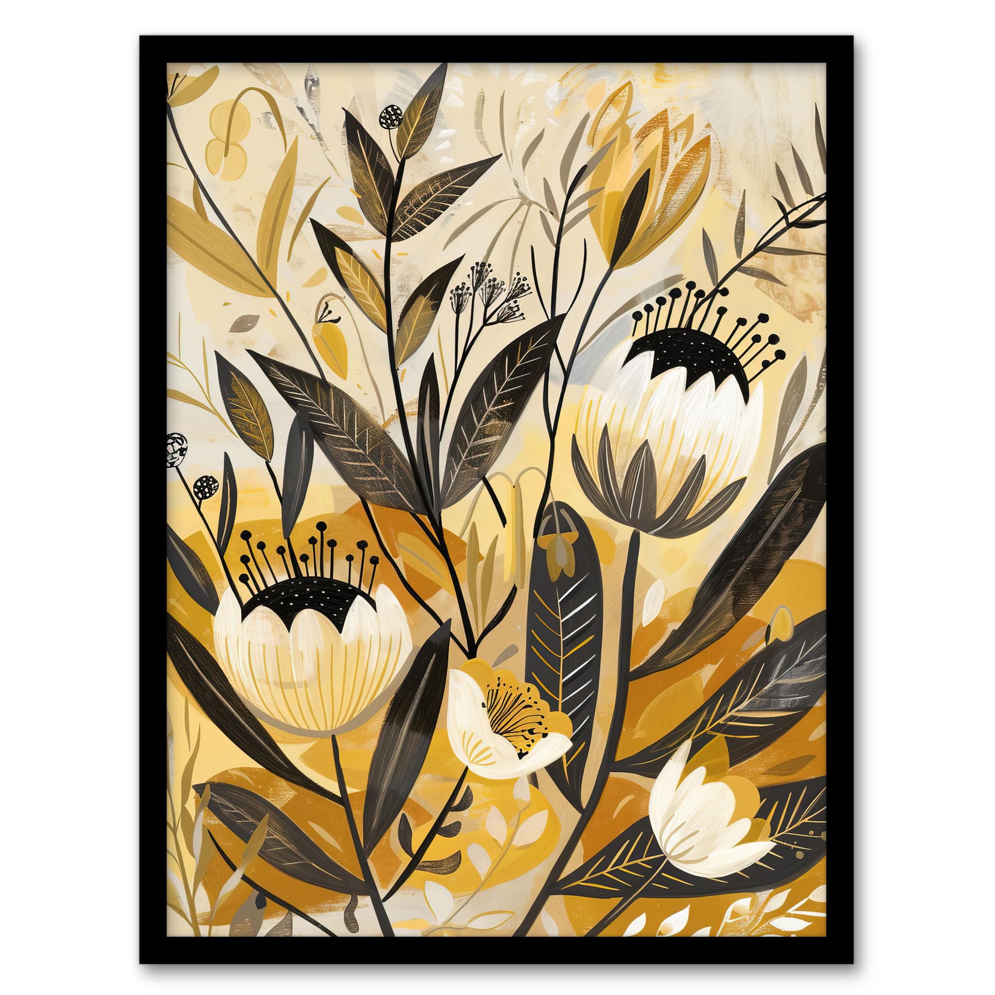 Artery8 Anemone Flowers Mustard Yellow Grey Boho Design Living Room Artwork Framed Wall Art Print 18X24 Inch