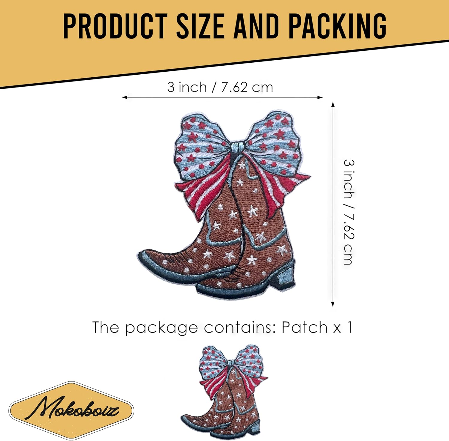 Star Flag Boots 3 Inches Iron On/Sew On Embroidered Applique Patch, Coquette Bow Embroidery Patches, DIY Accessories for Backpacks, Army Vests, Bags, Hats, Clothes, Cowgirl Gifts for Boy Girl