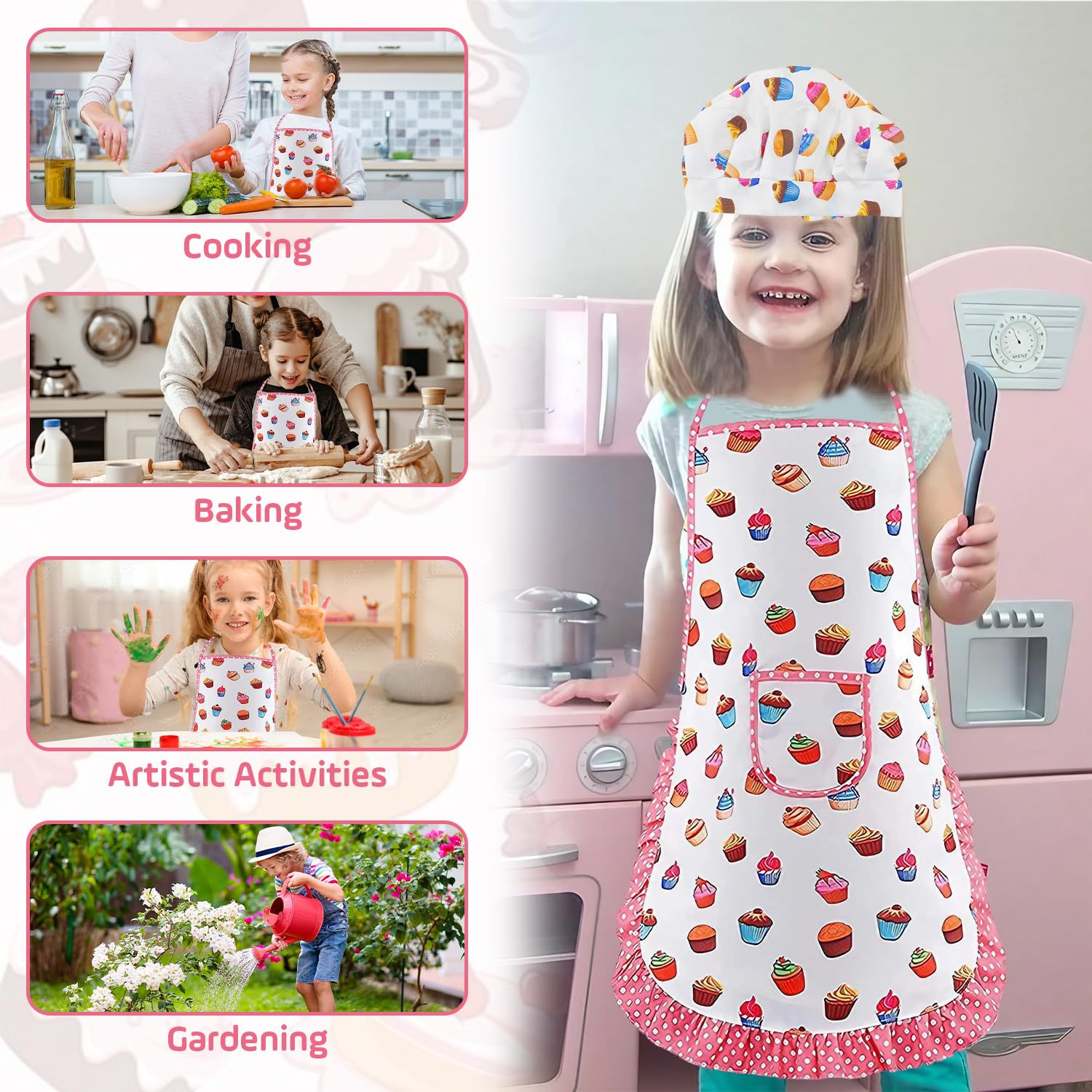 L0famy Kids Aprons, Kids Chef Hat and Apron Set, Toddler Gardening Apron with Pockets - Image 2