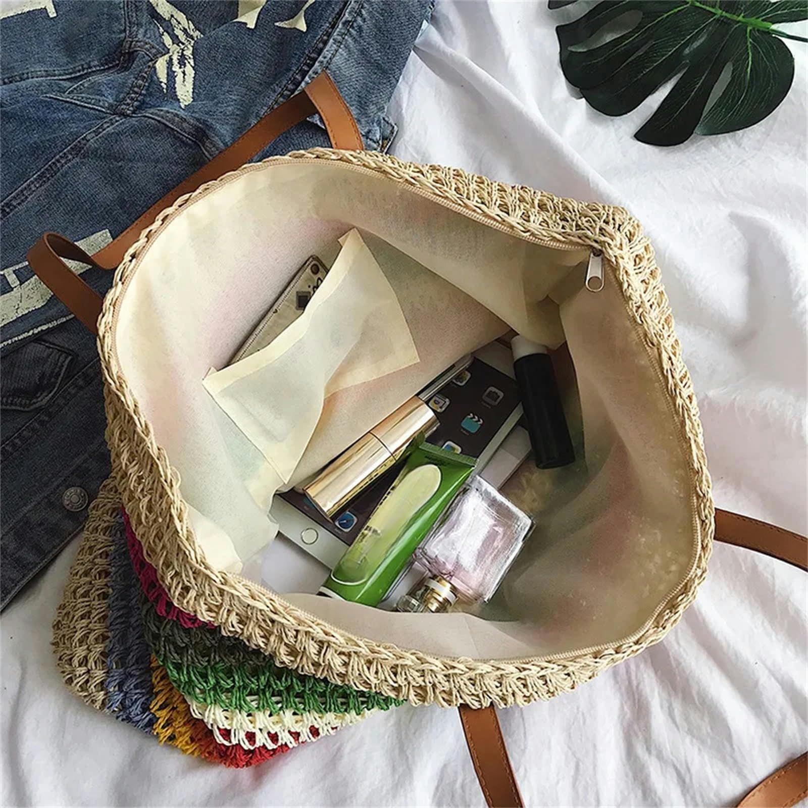Borsa A Tracolla Borsa Color Arcobaleno Borse da Spiaggia Rattan Intrecciata A Mano Intrecciata A Mano in Grande capacità di Grande Capacità-beige-39 * 37 * 4