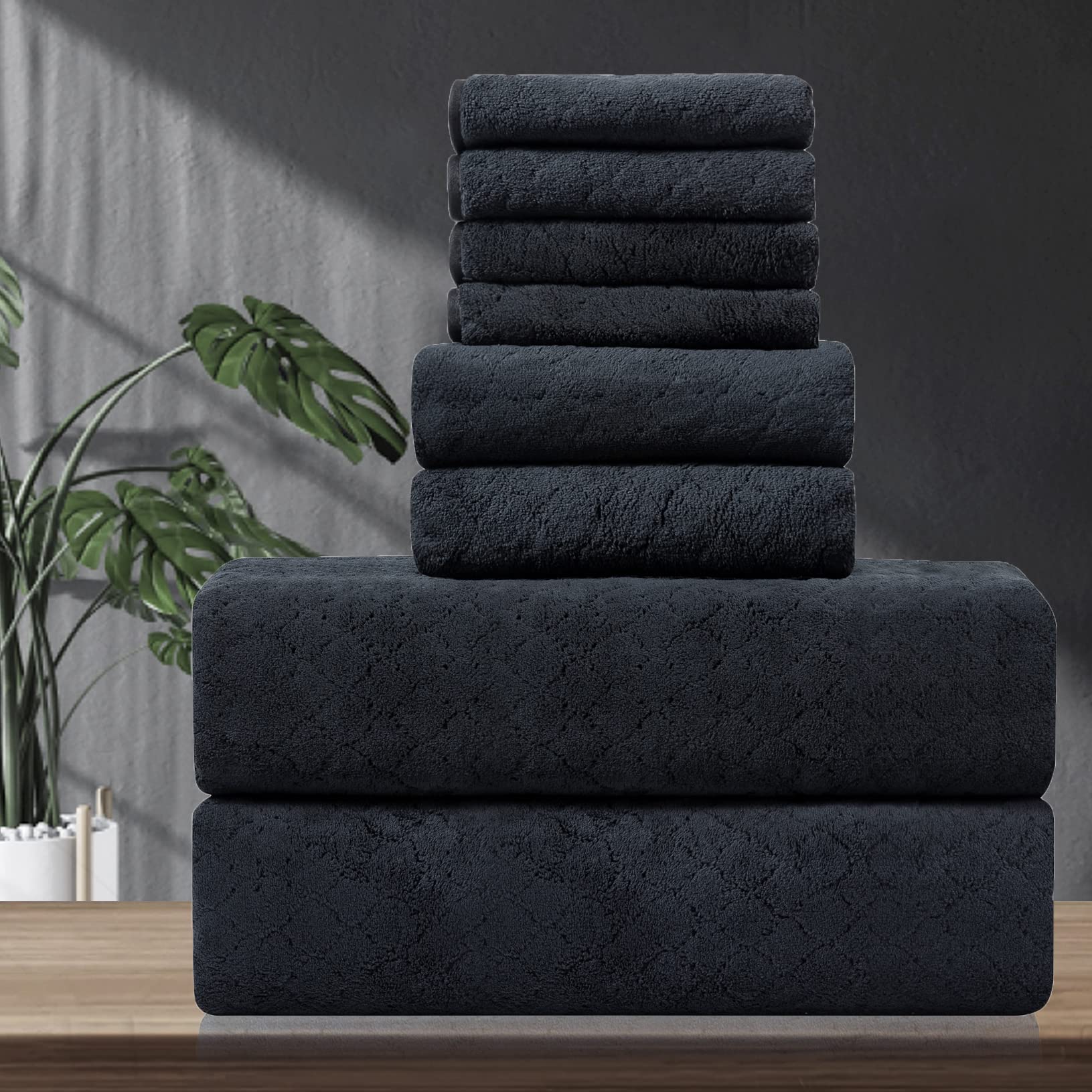 8-Piece Black Bath Towels Set,2 Oversized Large Bath Towels Sheet,2 Hand Towels and 4 Washcloths - 600 GSM Soft Luxury Towel Set,Highly Absorbent Quick Dry Towel Collection for Bathroom,Hotel and Spa