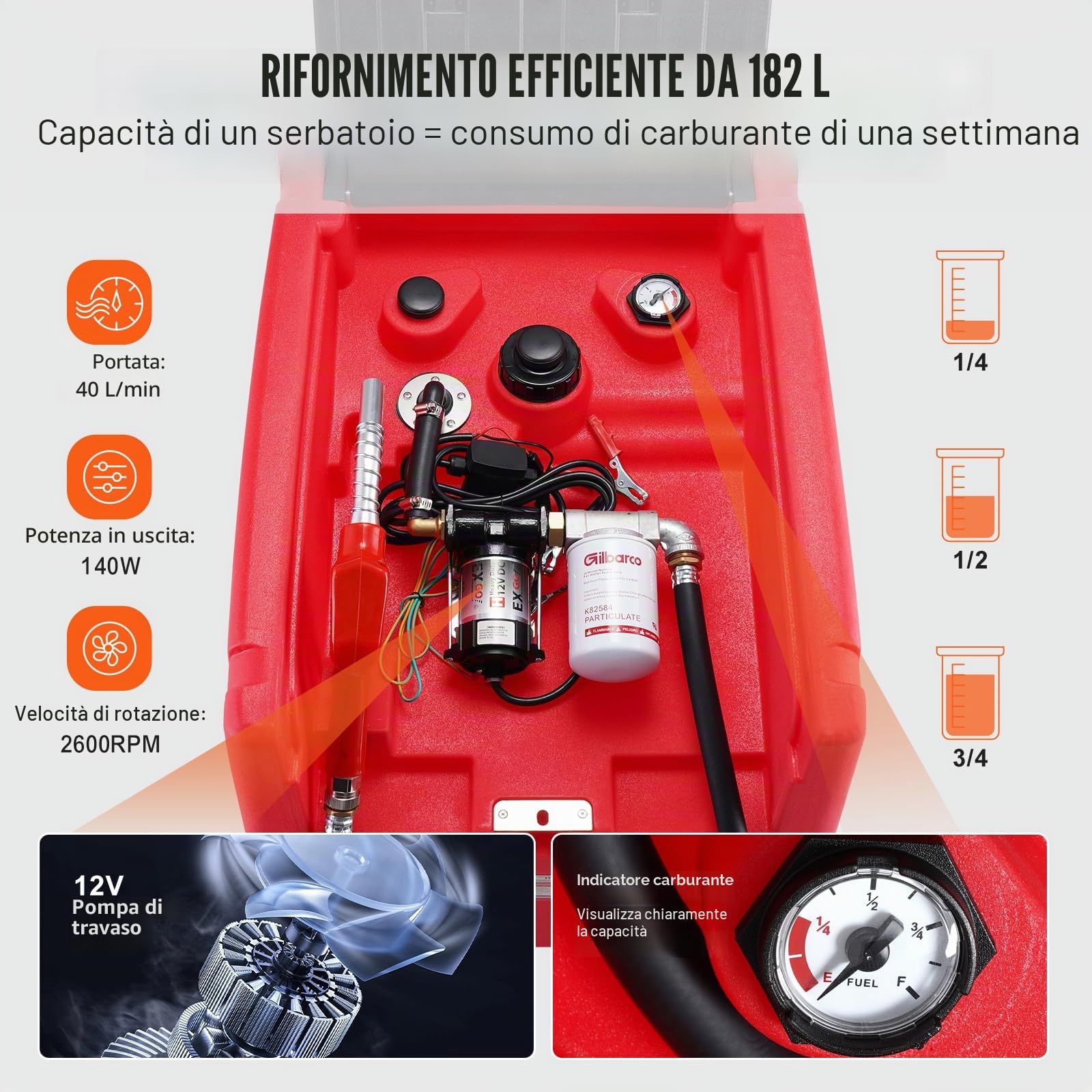 VEVOR Serbatoio Benzina Diesel Portatile 182L, Serbatoio Rifornimento Carburante, Pompa di Trasferimento 12V, 40 L/Min, Tubo Flessibile 4 m, Pistola per Rifornimento per Veicoli Settore Agricolo