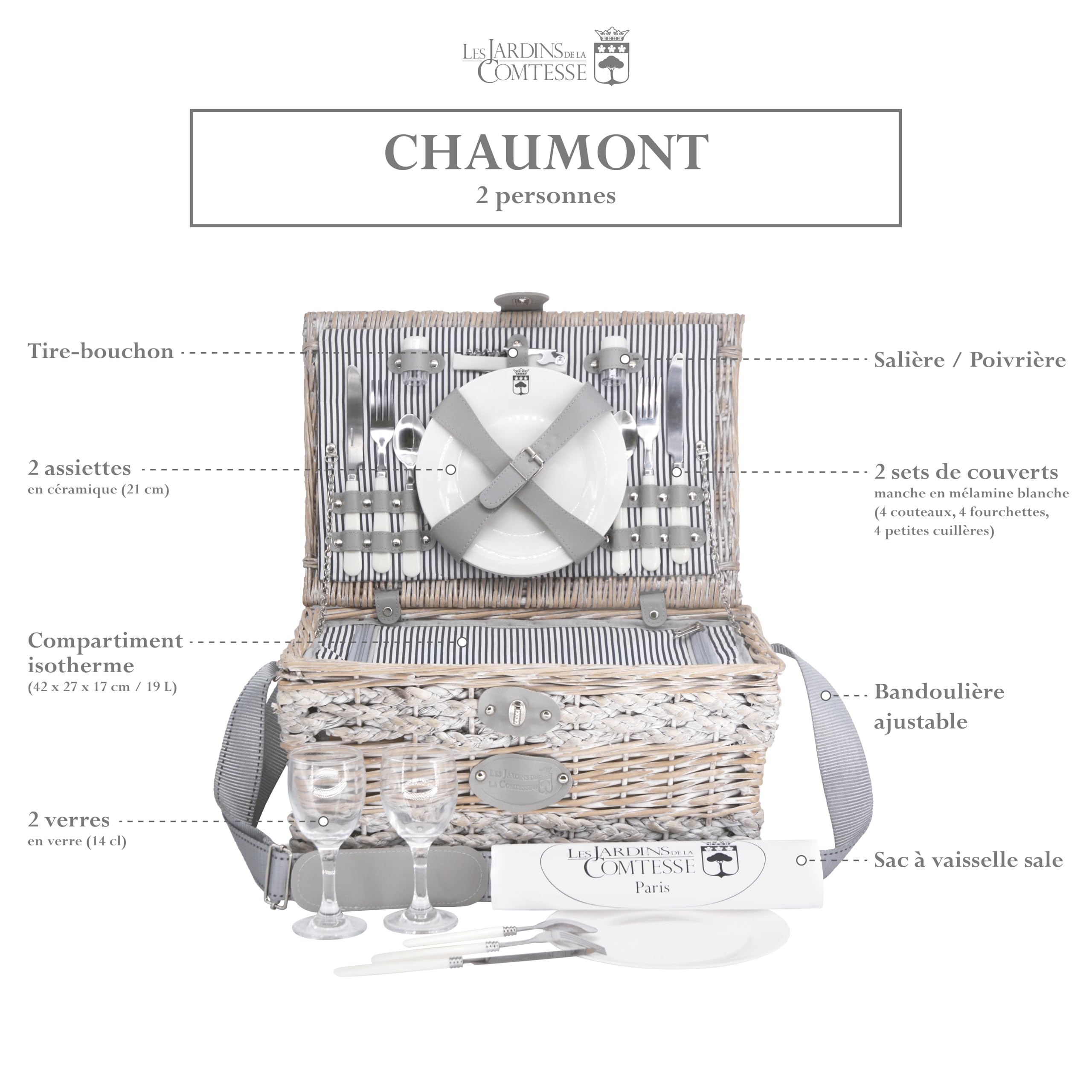Les Jardins De La Comtesse - Panier de Pique-Nique Chaumont - 2 Personnes – Beau Panier Picnic Vendu Complet - Compartiment Isotherme - Tissu Rayures Bleues/Blanches - 43 x 30 x 23 cm
