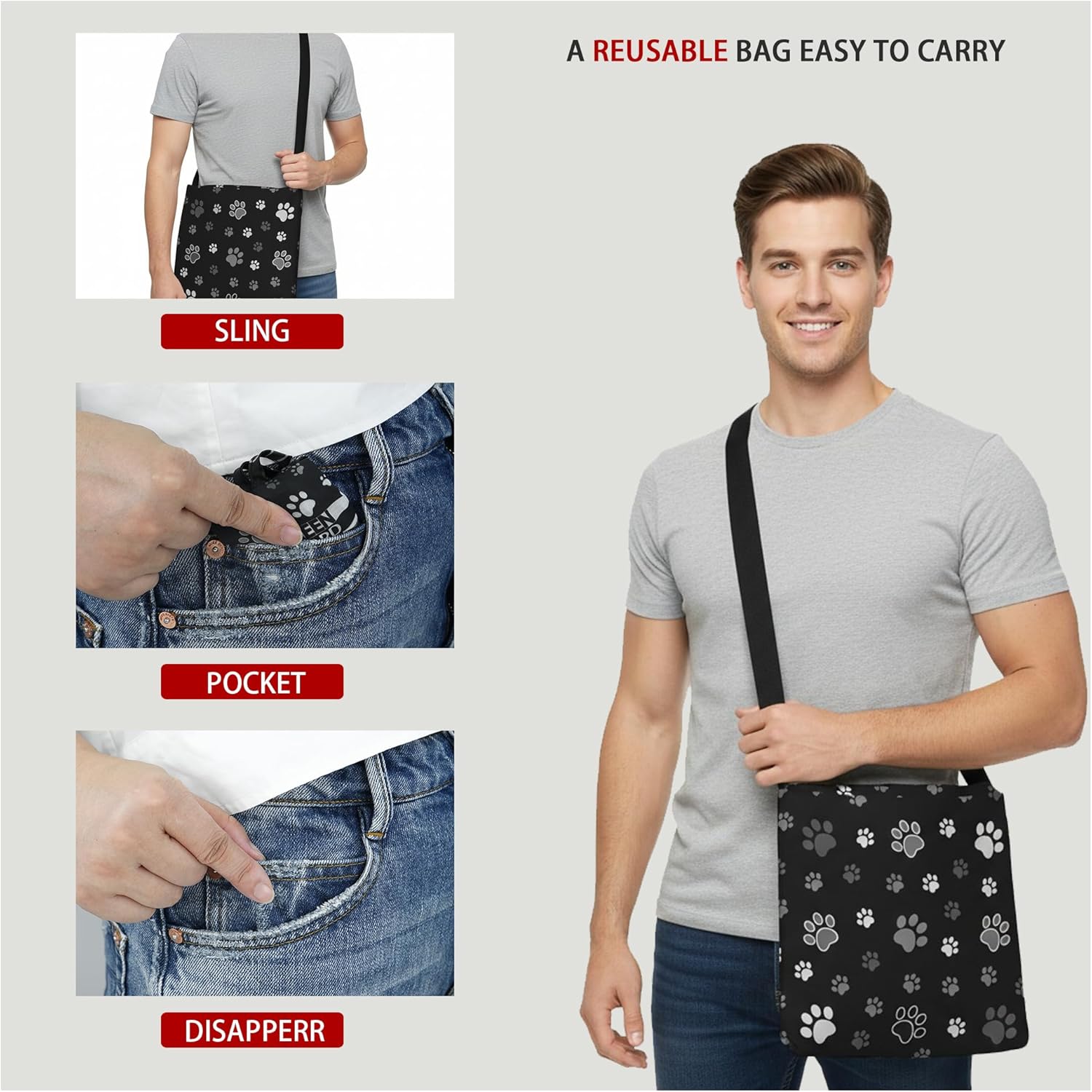 BeeGreen Paws Foldable Compact Ultimate Crossbody Tote Bag - Reusable Grocery Shopping Bag - Portable Lightweight Duffle Bags - Image 4