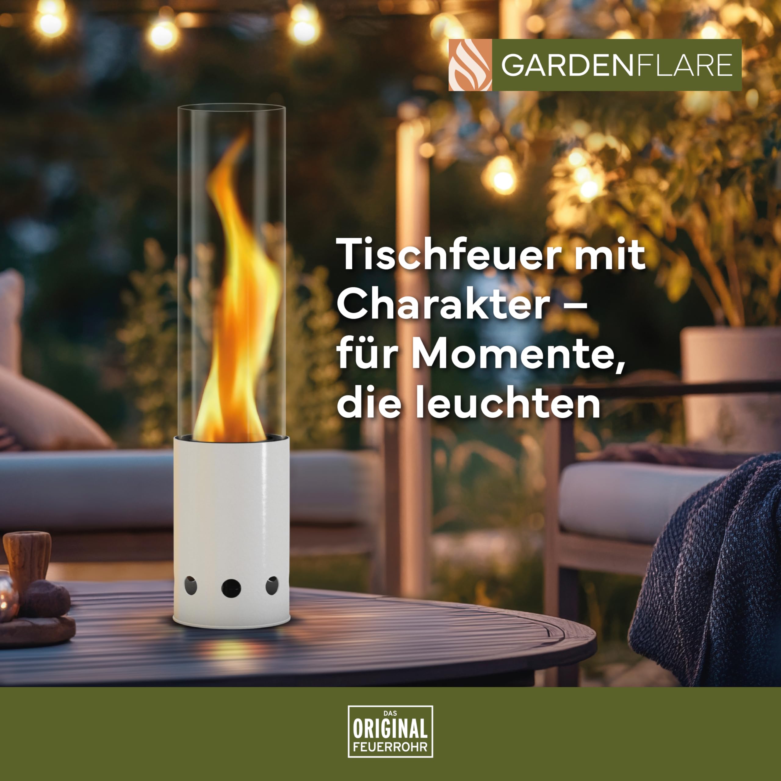 GARDENFLARE Chimenea de mesa para exterior – Hoguera sin humo de acero inoxidable y tubo de fuego para balcón y terraza – Decoración de jardín de alta calidad, vela inextinguible con funcionamiento de