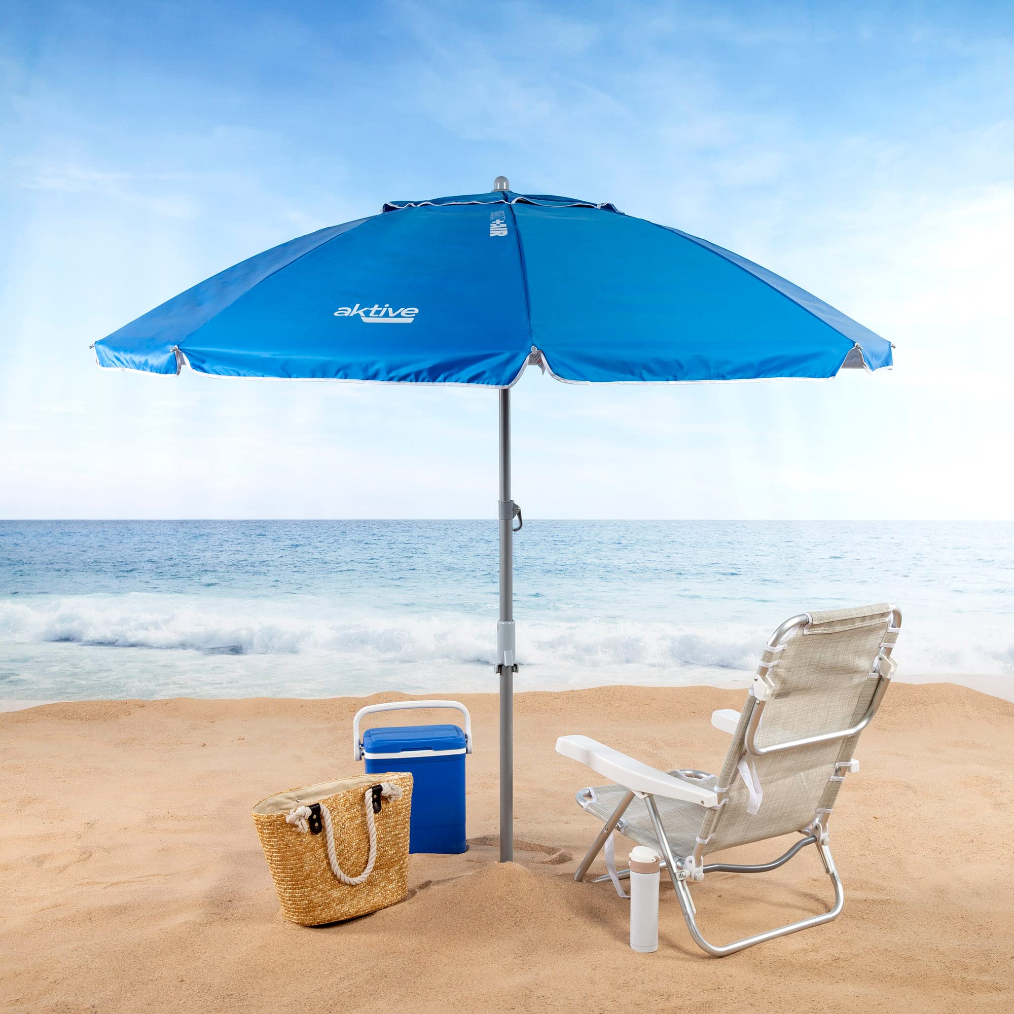 Aktive 62273 - Sombrilla playa antiviento plegable azul Ø190 cm, Con revestimiento plateado y protección UV 50, paravientos playa, sombrilla parasol grande, para-sol playa, sombrillas para playa