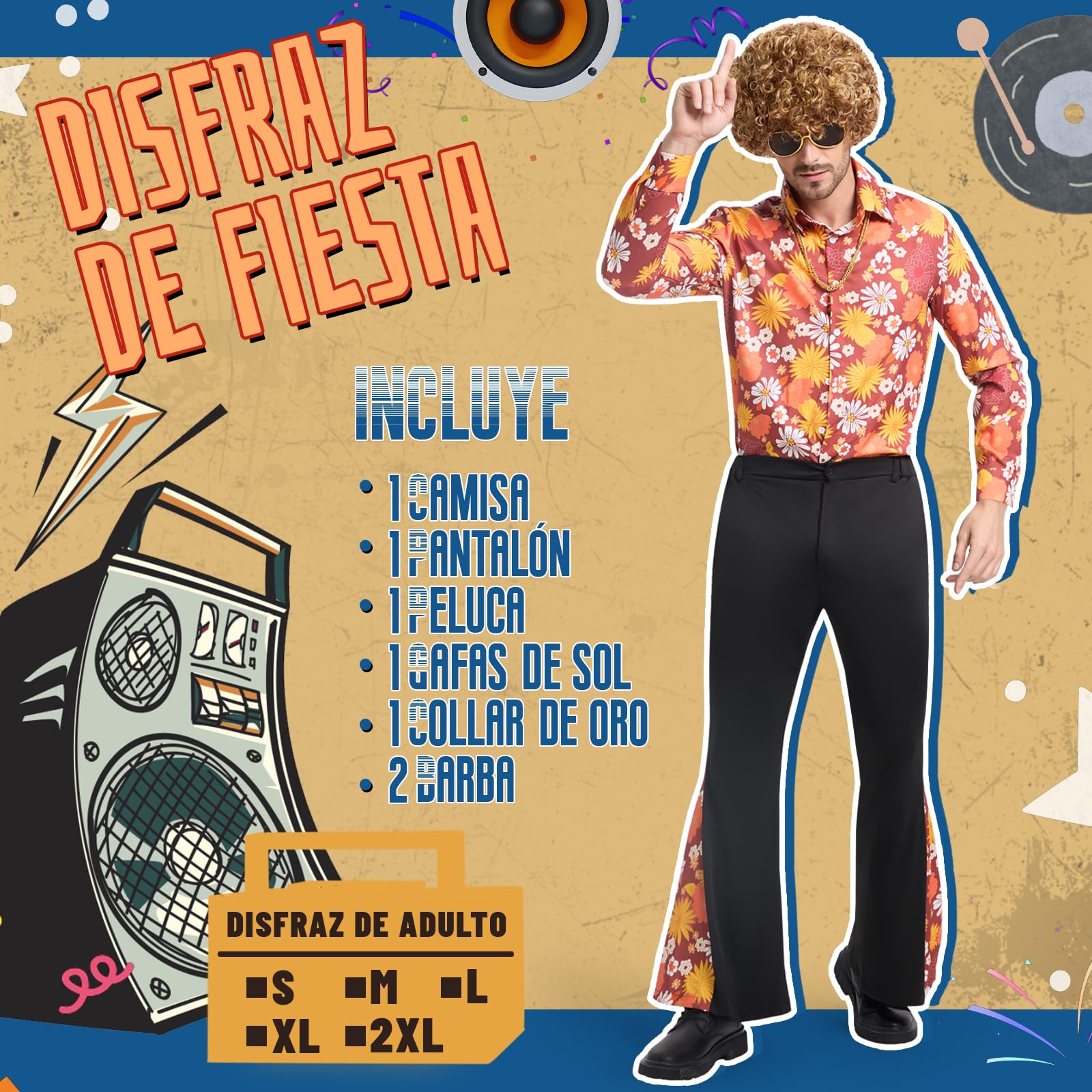 BuzzoXerex Disfraz Años 70 Hombre, 7 Piezas Disfraz Hippie Hombree con Peluca, Camisa, Pantalones de Campana y Accesorios de Disco para Carnaval Halloween y Fiesta Temática